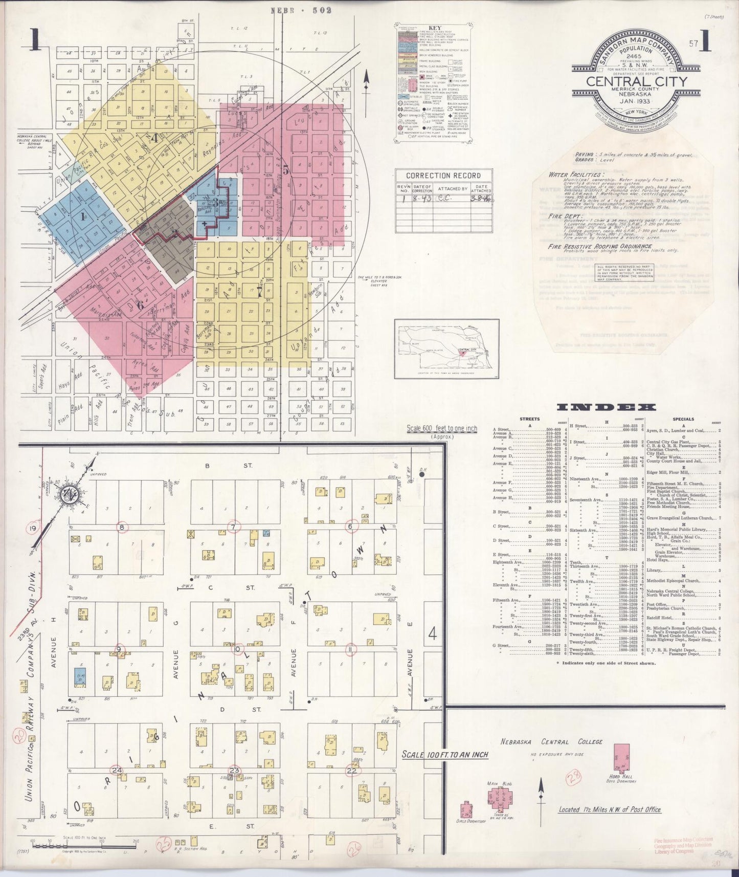 Sanborn Fire Insurance Map from Central City, Merrick County, Nebraska (1943), Sheet #0001 - Historic Sanborn Fire Insurance Map Print, vintage old map wall art, antique decor, genealogy gift, Nebraska Nebraska map