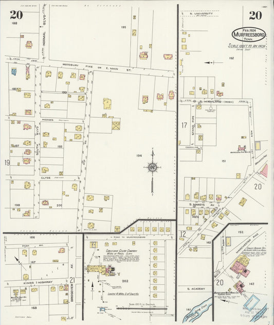 Sanborn Fire Insurance Map from Murfreesboro, Rutherford County, Tennessee (1924), Sheet #0020 - Historic Sanborn Fire Insurance Map Print, vintage old map wall art, antique decor, genealogy gift, Tennessee Tennessee map