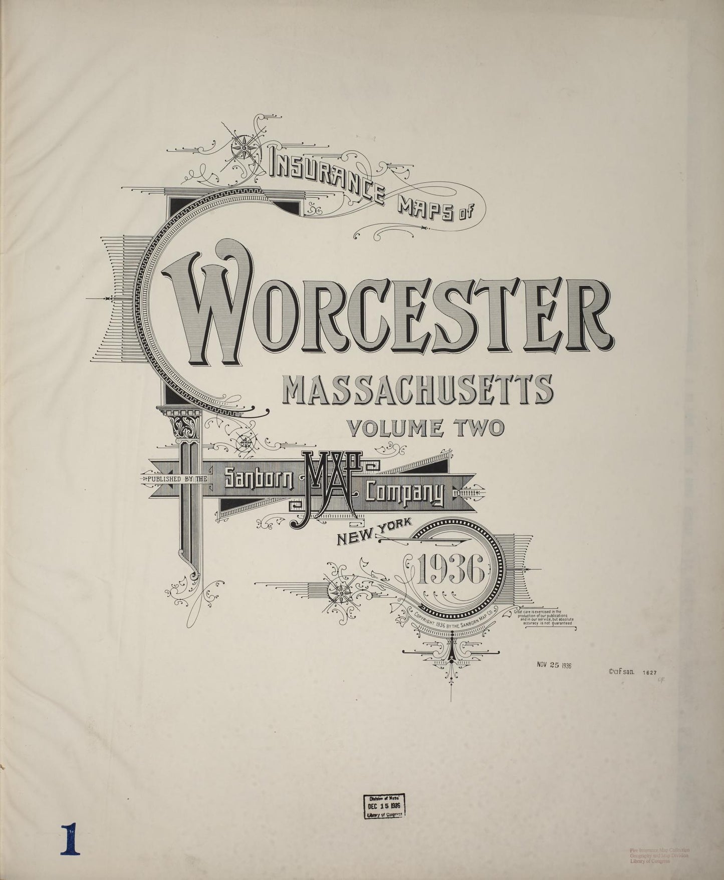 Sanborn Fire Insurance Map from Worcester, Worcester County, Massachusetts (1936), Sheet #0001 - Complete Map Set gallery image, historic Sanborn map, vintage wall art, Massachusetts Massachusetts