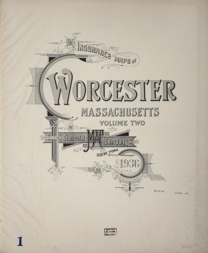 Sanborn Fire Insurance Map from Worcester, Worcester County, Massachusetts (1936), Sheet #0001 - Complete Map Set gallery image, historic Sanborn map, vintage wall art, Massachusetts Massachusetts