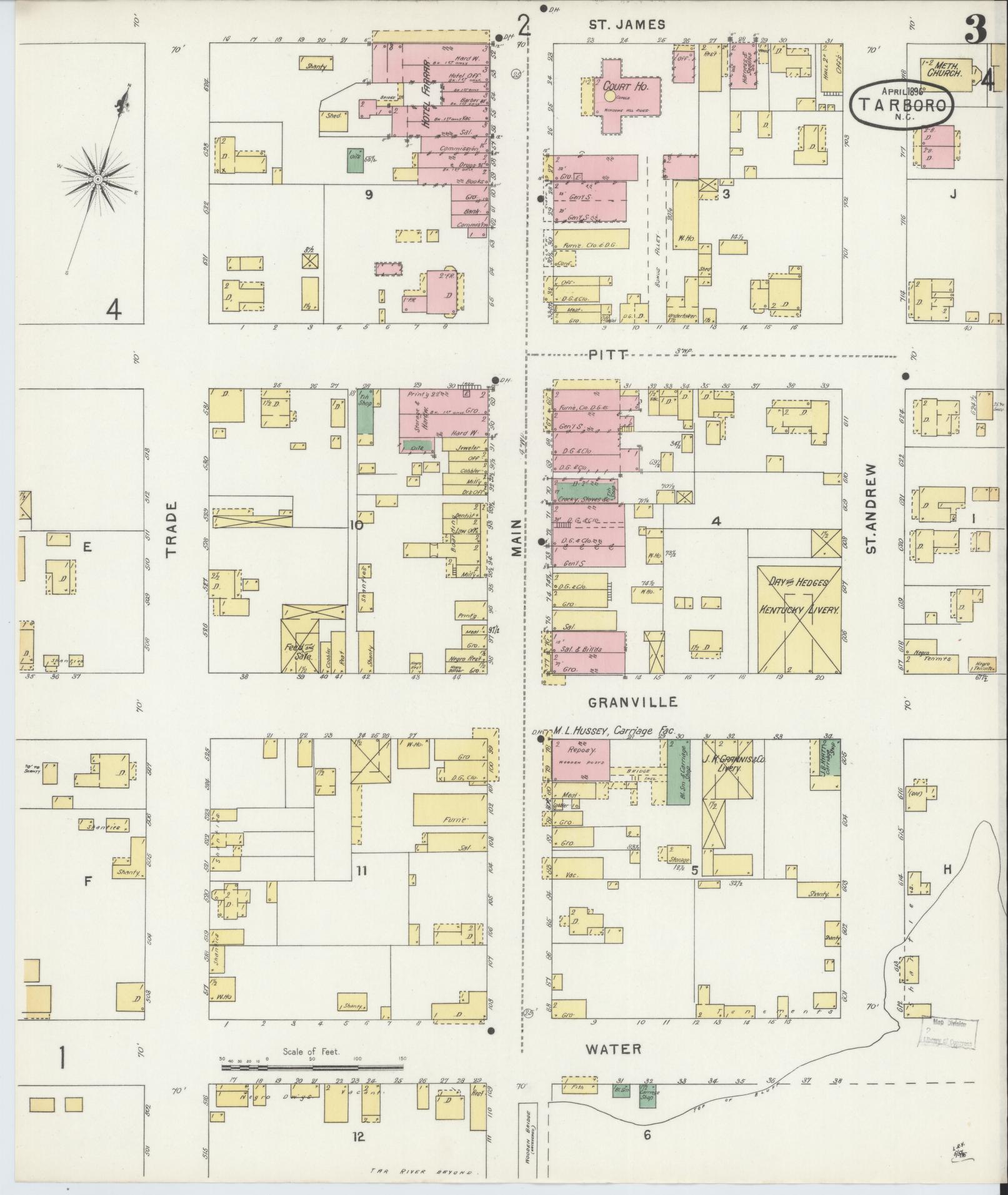 Sanborn Fire Insurance Map from Tarboro, Edgecombe County, North Carolina (1896), Sheet #0003 - Complete Map Set gallery image, historic Sanborn map, vintage wall art, North Carolina North Carolina