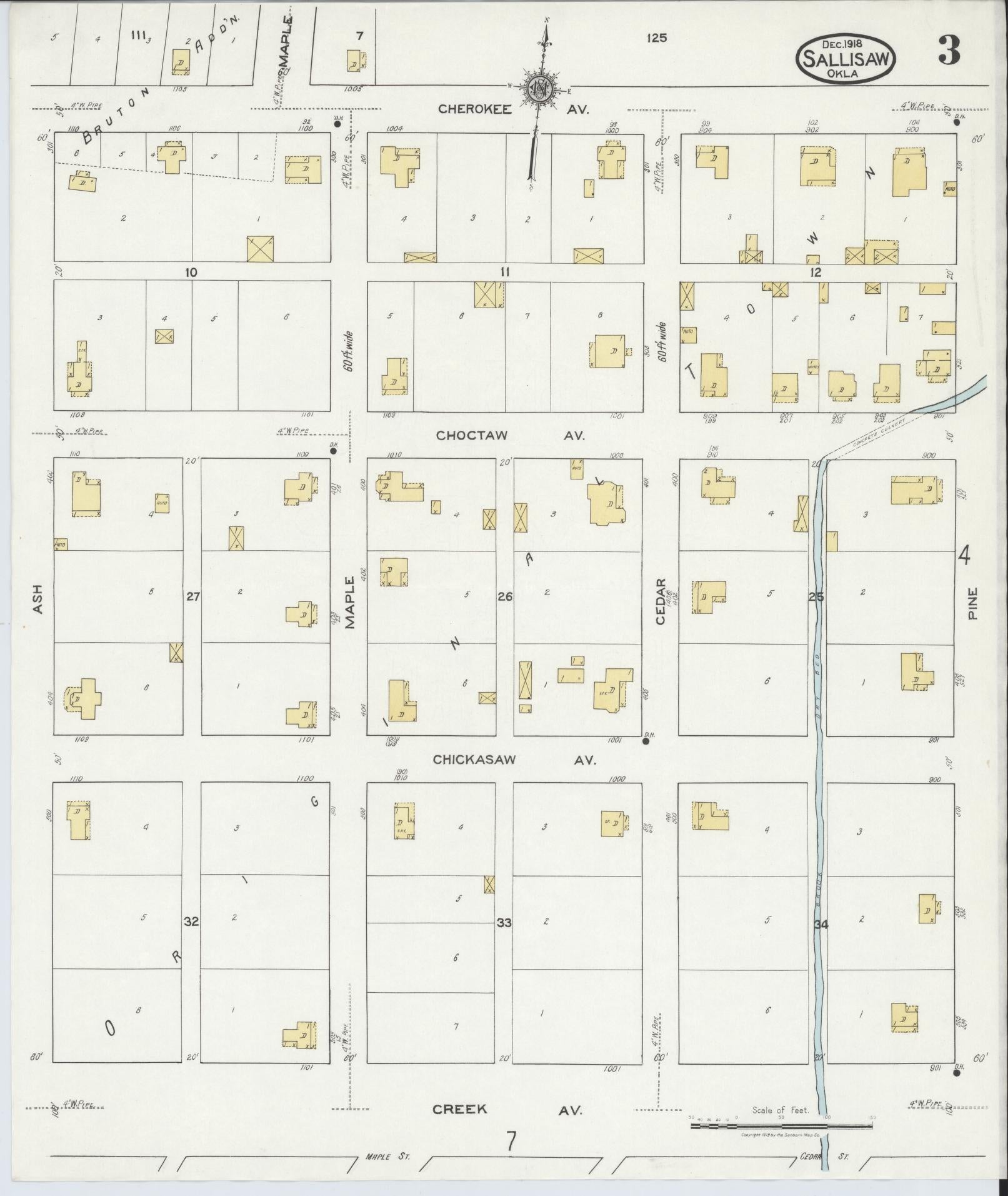 Sanborn Fire Insurance Map from Sallisaw, Sequoyah County, Oklahoma (1918), Sheet #0003 - Complete Map Set gallery image, historic Sanborn map, vintage wall art, Oklahoma Oklahoma