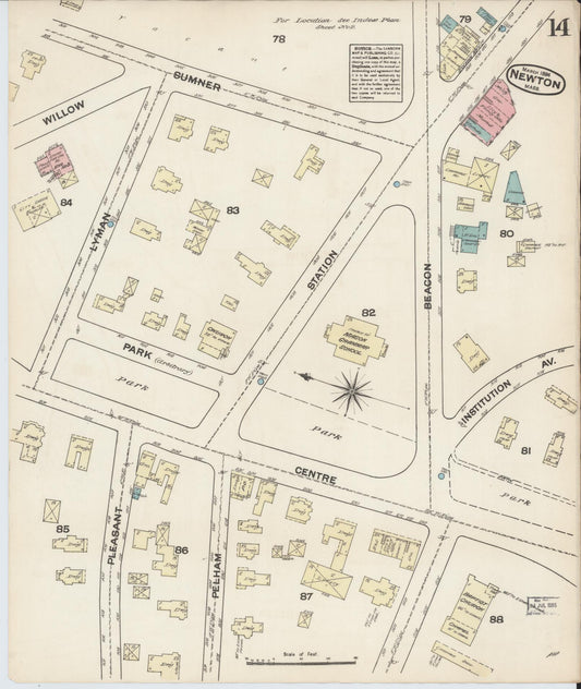 Sanborn Fire Insurance Map from Newton, Middlesex County, Massachusetts (1884), Sheet #0014 - Historic Sanborn Fire Insurance Map Print, vintage old map wall art, antique decor, genealogy gift, Massachusetts Massachusetts map