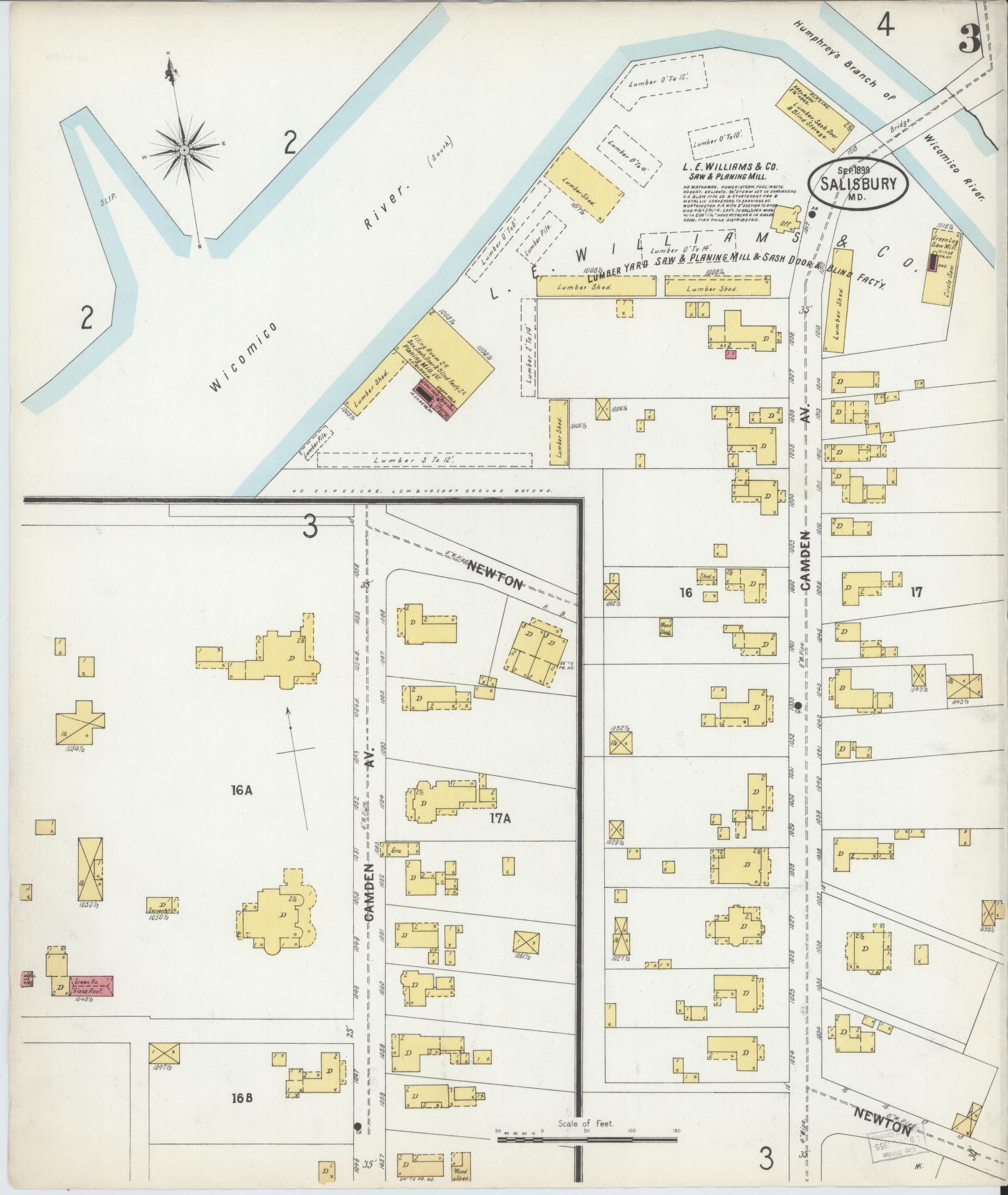Sanborn Fire Insurance Map from Salisbury, Wicomico County, Maryland (1899), Sheet #0003 - Historic Sanborn Fire Insurance Map Print, vintage old map wall art