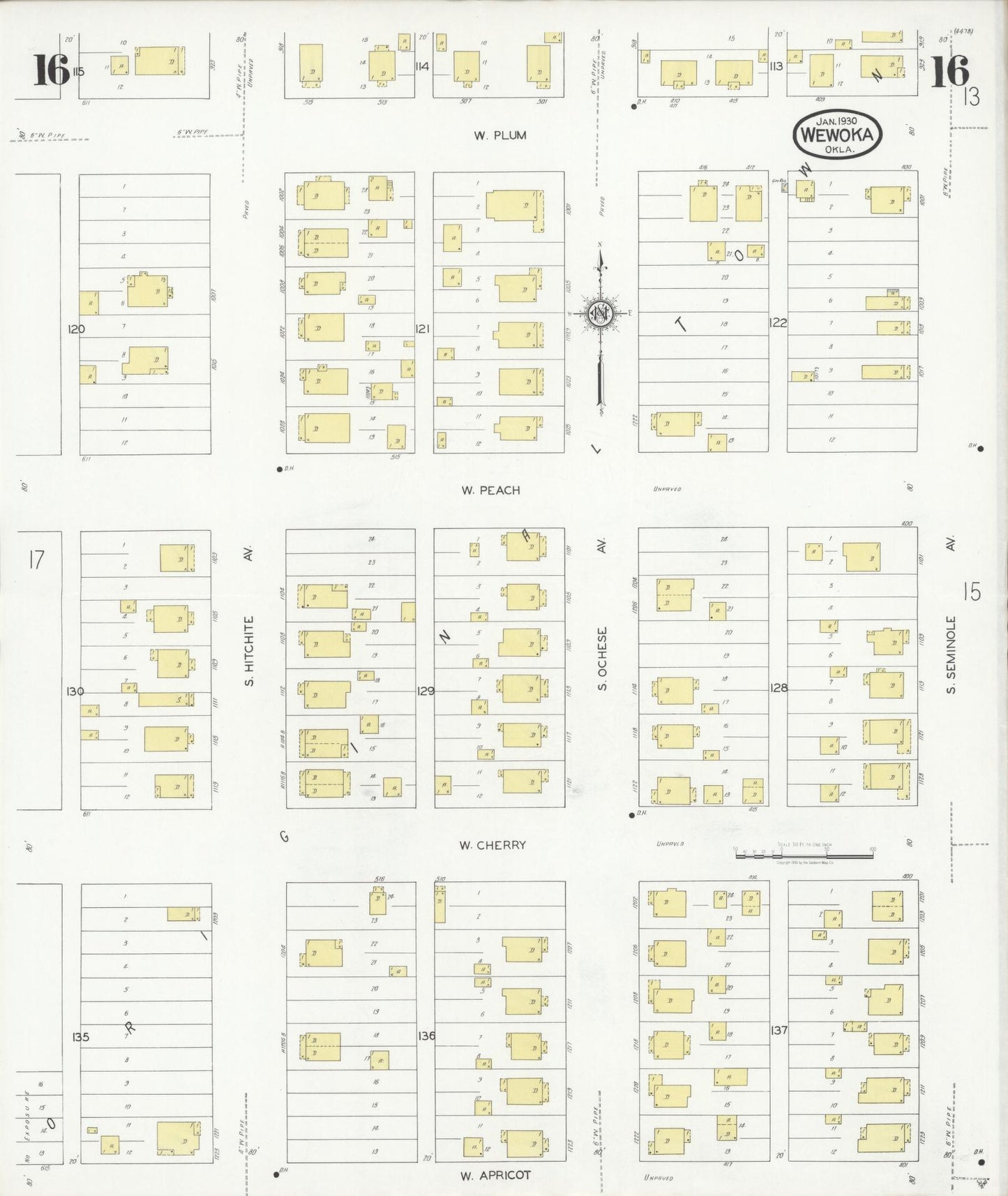 Sanborn Fire Insurance Map from Wewoka, Seminole County, Oklahoma (1930), Sheet #0016 - Complete Map Set gallery image, historic Sanborn map, vintage wall art, Oklahoma Oklahoma