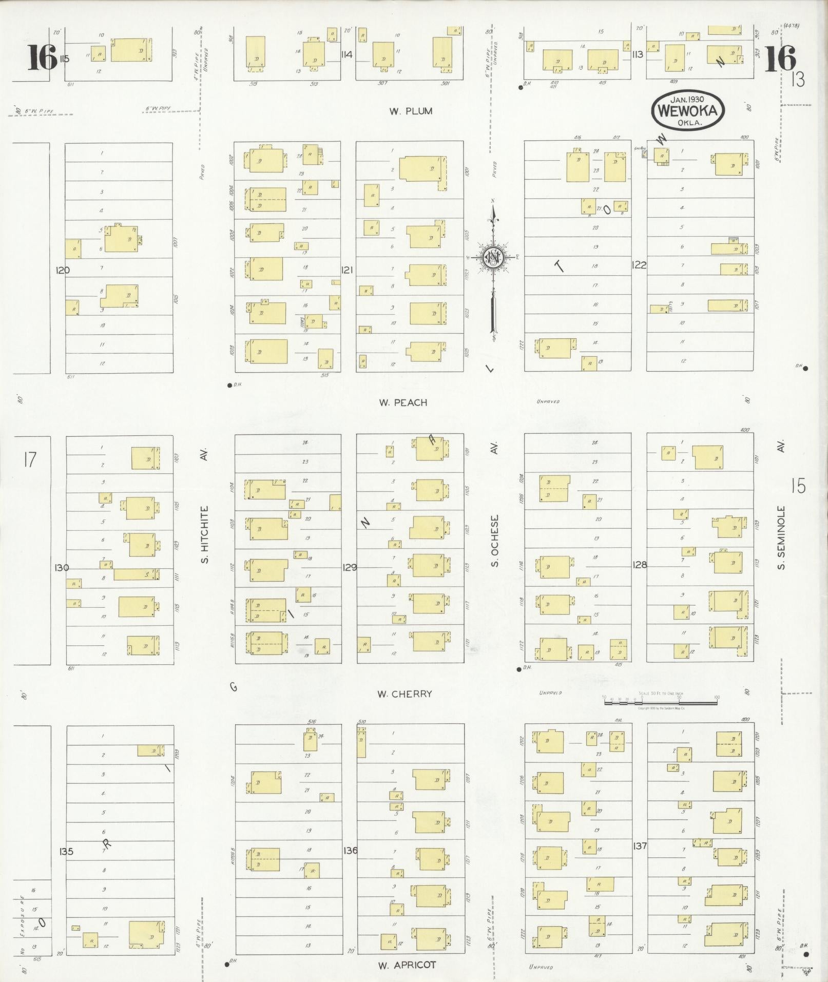 Sanborn Fire Insurance Map from Wewoka, Seminole County, Oklahoma (1930), Sheet #0016 - Complete Map Set gallery image, historic Sanborn map, vintage wall art, Oklahoma Oklahoma
