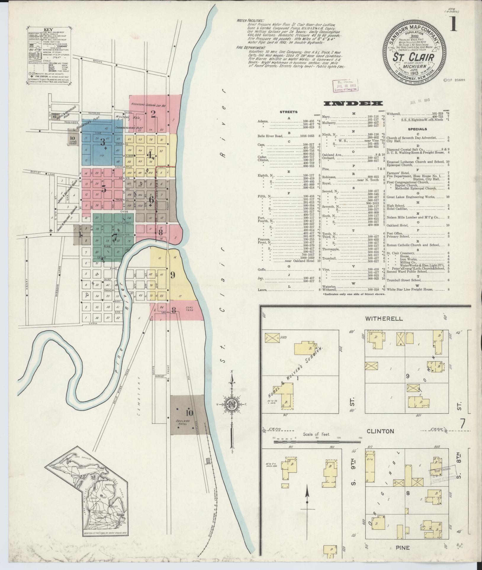 Sanborn Fire Insurance Map from Saint Clair, Saint Clair County, Michigan (1913), Sheet #0001 - Complete Map Set gallery image, historic Sanborn map, vintage wall art, Michigan Michigan