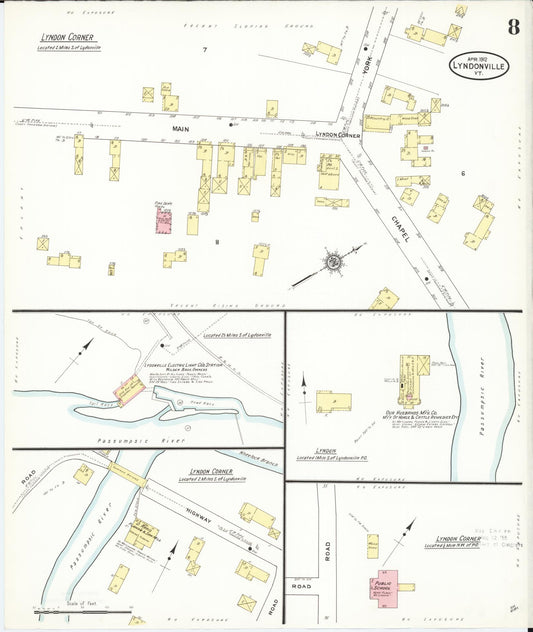 Sanborn Fire Insurance Map from Lyndonville, Caledonia County, Vermont (1912), Sheet #0008 - Historic Sanborn Fire Insurance Map Print, vintage old map wall art, antique decor, genealogy gift, Vermont Vermont map