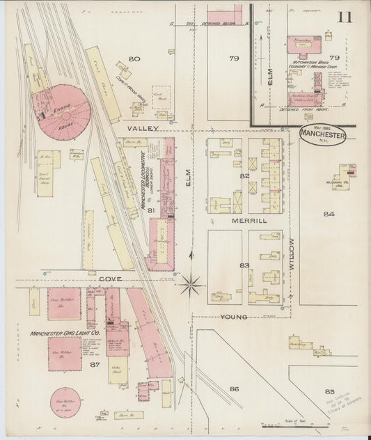 Sanborn Fire Insurance Map from Manchester, Hillsborough County, New Hampshire (1885), Sheet #0011 - Historic Sanborn Fire Insurance Map Print, vintage old map wall art, antique decor, genealogy gift, New Hampshire New Hampshire map