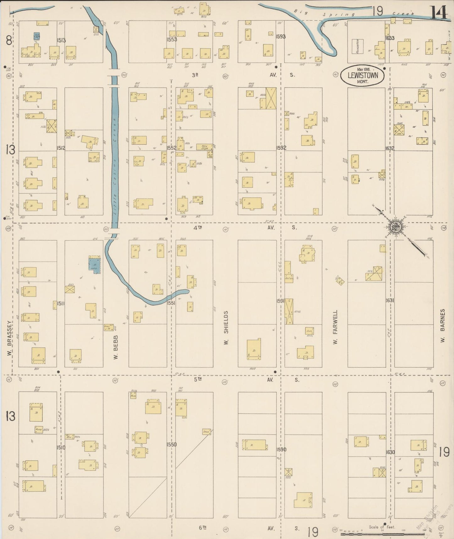 Sanborn Fire Insurance Map from Lewistown, Fergus County, Montana (1916), Sheet #0014 - Historic Sanborn Fire Insurance Map Print, vintage old map wall art, antique decor, genealogy gift, Montana Montana map