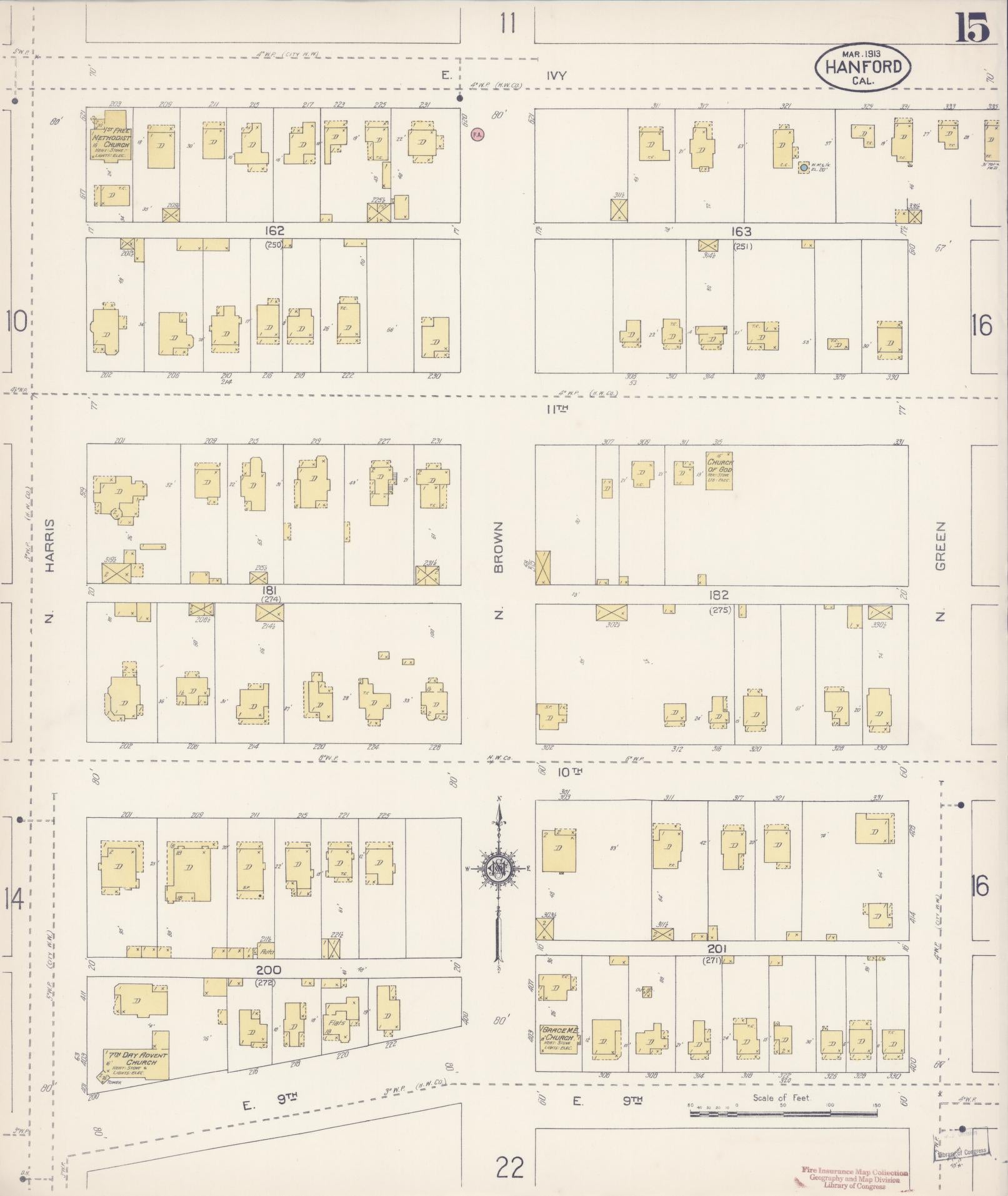 Sanborn Fire Insurance Map from Hanford, Kings County, California (1913), Sheet #0015 - Historic Sanborn Fire Insurance Map Print, vintage old map wall art, antique decor, genealogy gift, California California map