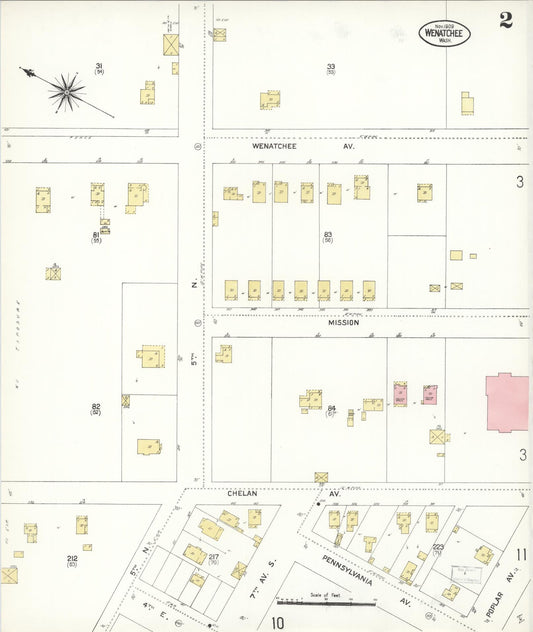 Sanborn Fire Insurance Map from Wenatchee, Chelan County, Washington (1909), Sheet #0002 - Historic Sanborn Fire Insurance Map Print, vintage old map wall art, antique decor, genealogy gift, Washington Washington map