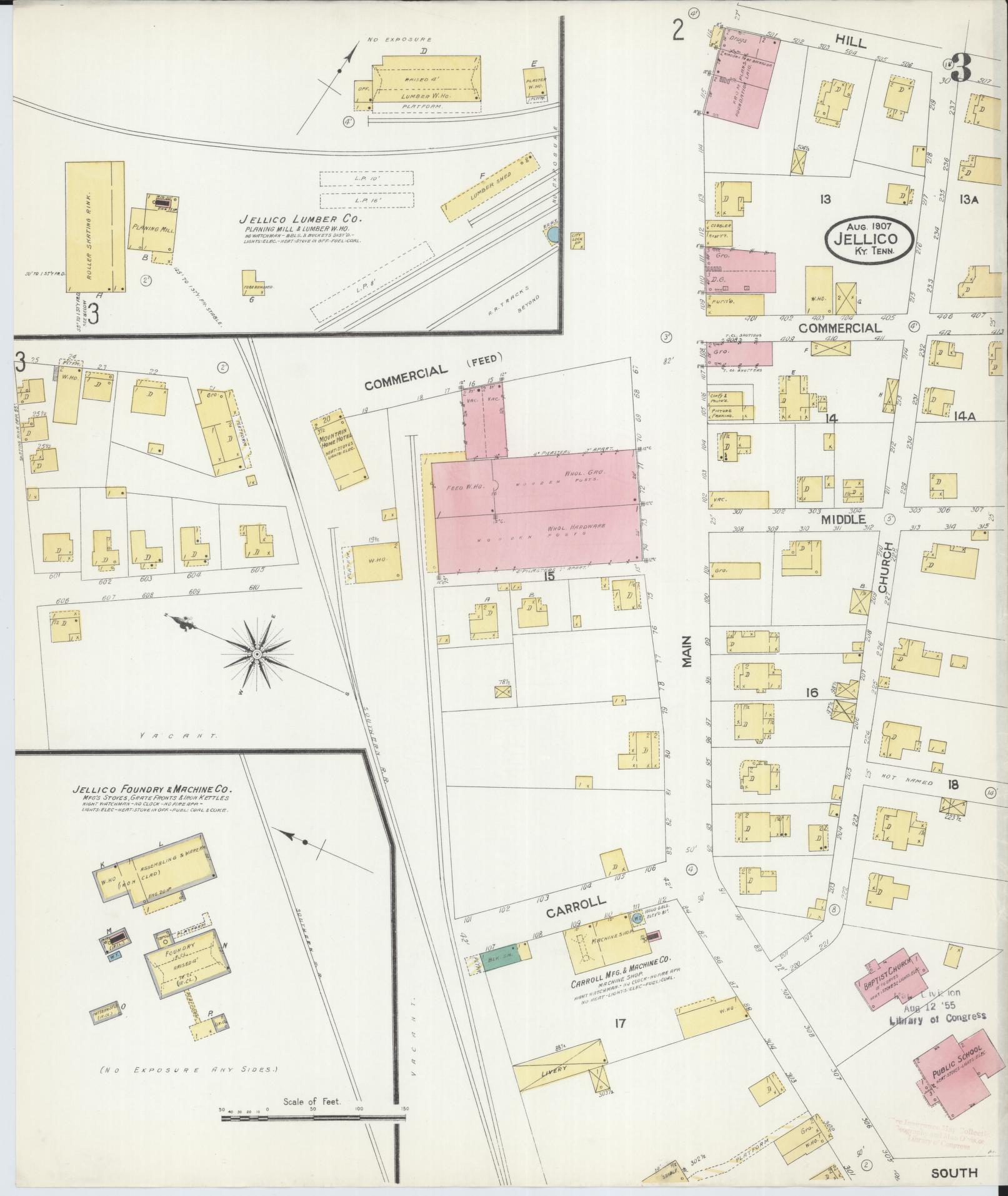 Sanborn Fire Insurance Map from Jellico, Whitley County, Ky., and Campbell County, Tenna, Kentucky (1907), Sheet #0003 - Complete Map Set gallery image, historic Sanborn map, vintage wall art, Kentucky Kentucky