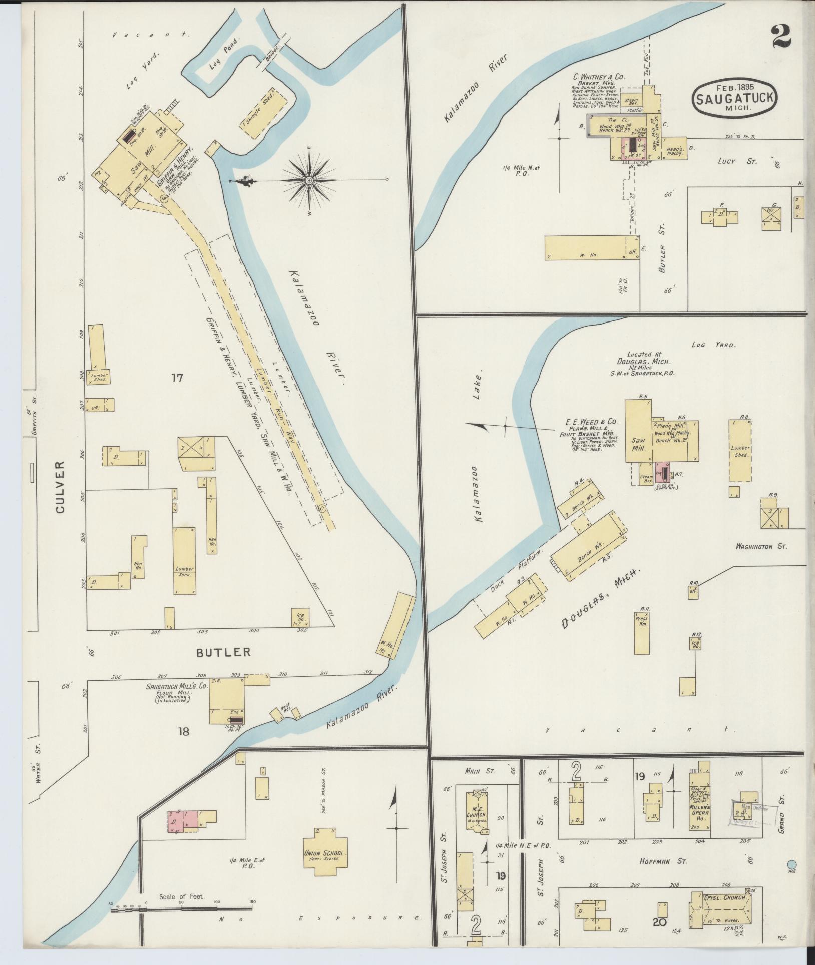 Sanborn Fire Insurance Map from Saugatuck, Allegan County, Michigan (1895), Sheet #0002 - Complete Map Set gallery image, historic Sanborn map, vintage wall art, Michigan Michigan