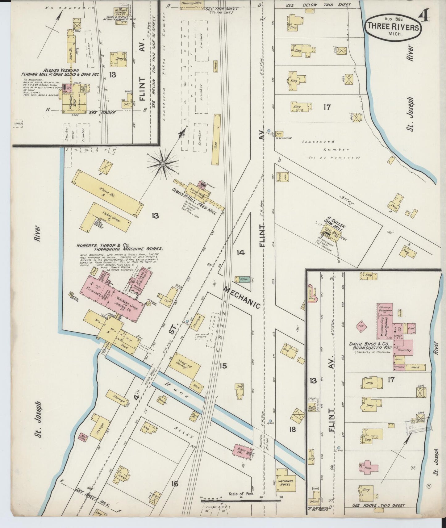Sanborn Fire Insurance Map from Three Rivers, Saint Joseph County, Michigan (1888), Sheet #0004 - Complete Map Set gallery image, historic Sanborn map, vintage wall art, Michigan Michigan