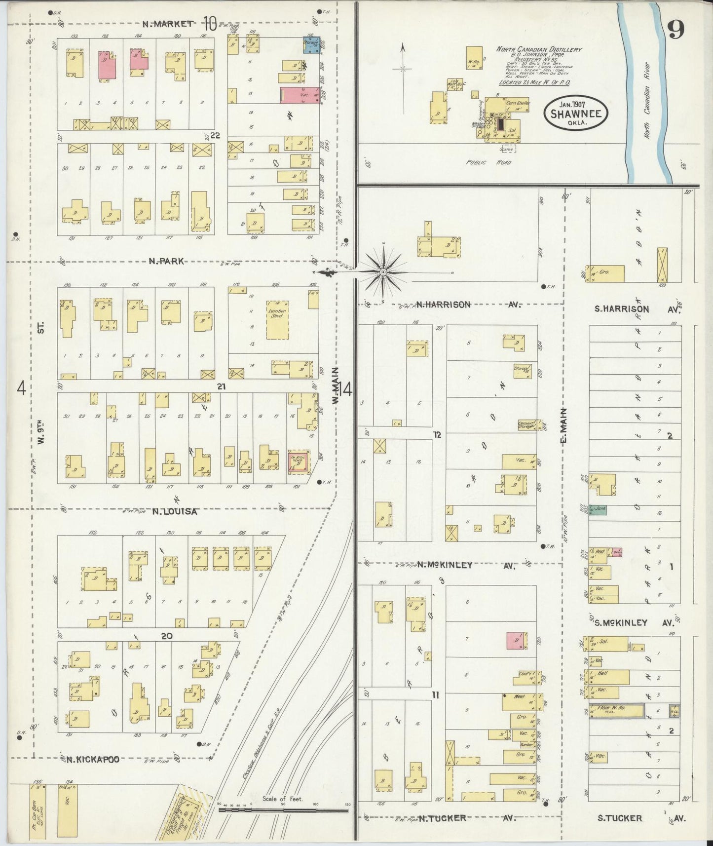 Sanborn Fire Insurance Map from Shawnee, Pottawatomie County, Oklahoma (1907), Sheet #0009 - Complete Map Set gallery image, historic Sanborn map, vintage wall art, Oklahoma Oklahoma