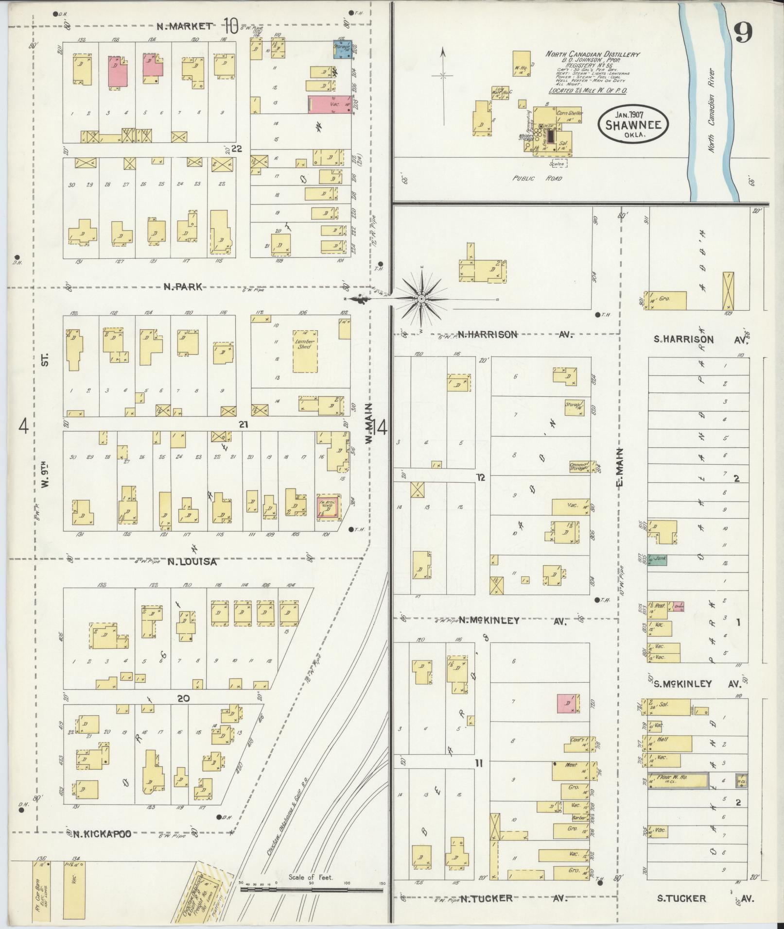 Sanborn Fire Insurance Map from Shawnee, Pottawatomie County, Oklahoma (1907), Sheet #0009 - Complete Map Set gallery image, historic Sanborn map, vintage wall art, Oklahoma Oklahoma