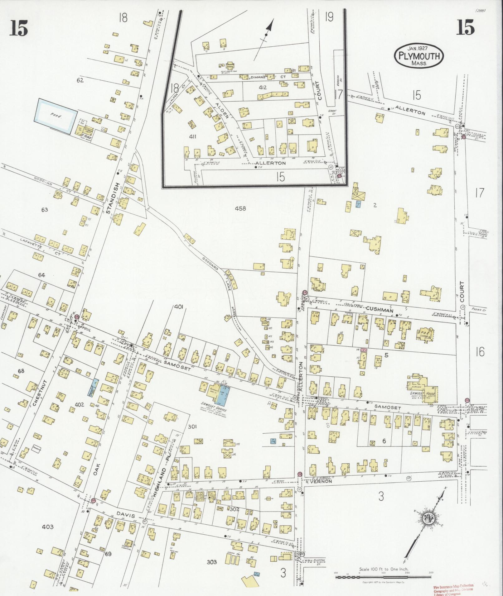 Sanborn Fire Insurance Map from Plymouth, Plymouth County, Massachusetts (1927), Sheet #0015 - Historic Sanborn Fire Insurance Map Print, vintage old map wall art, antique decor, genealogy gift, Massachusetts Massachusetts map
