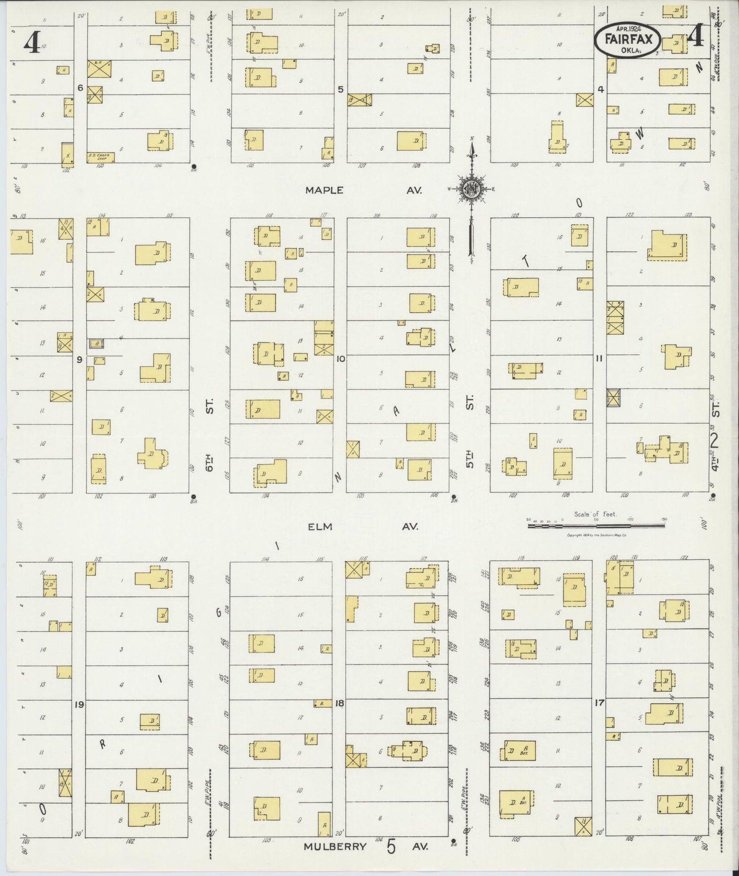 Sanborn Fire Insurance Map from Fairfax, Osage County, Oklahoma (1924), Sheet #0004 - Complete Map Set gallery image, historic Sanborn map, vintage wall art, Oklahoma Oklahoma