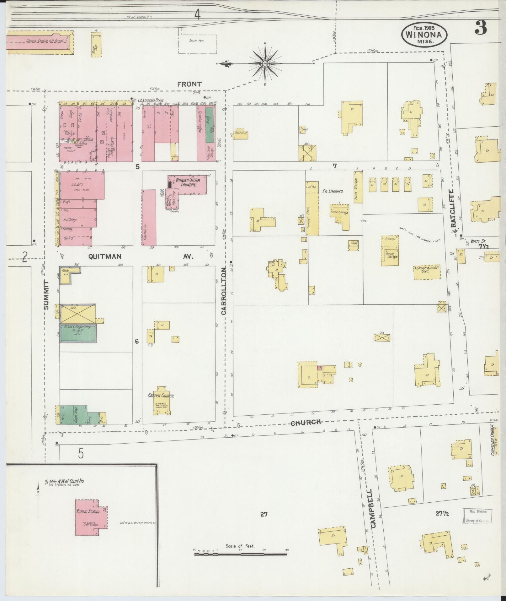 Sanborn Fire Insurance Map from Winona, Montgomery County, Mississippi (1905), Sheet #0003 - Complete Map Set gallery image, historic Sanborn map, vintage wall art, Mississippi Mississippi