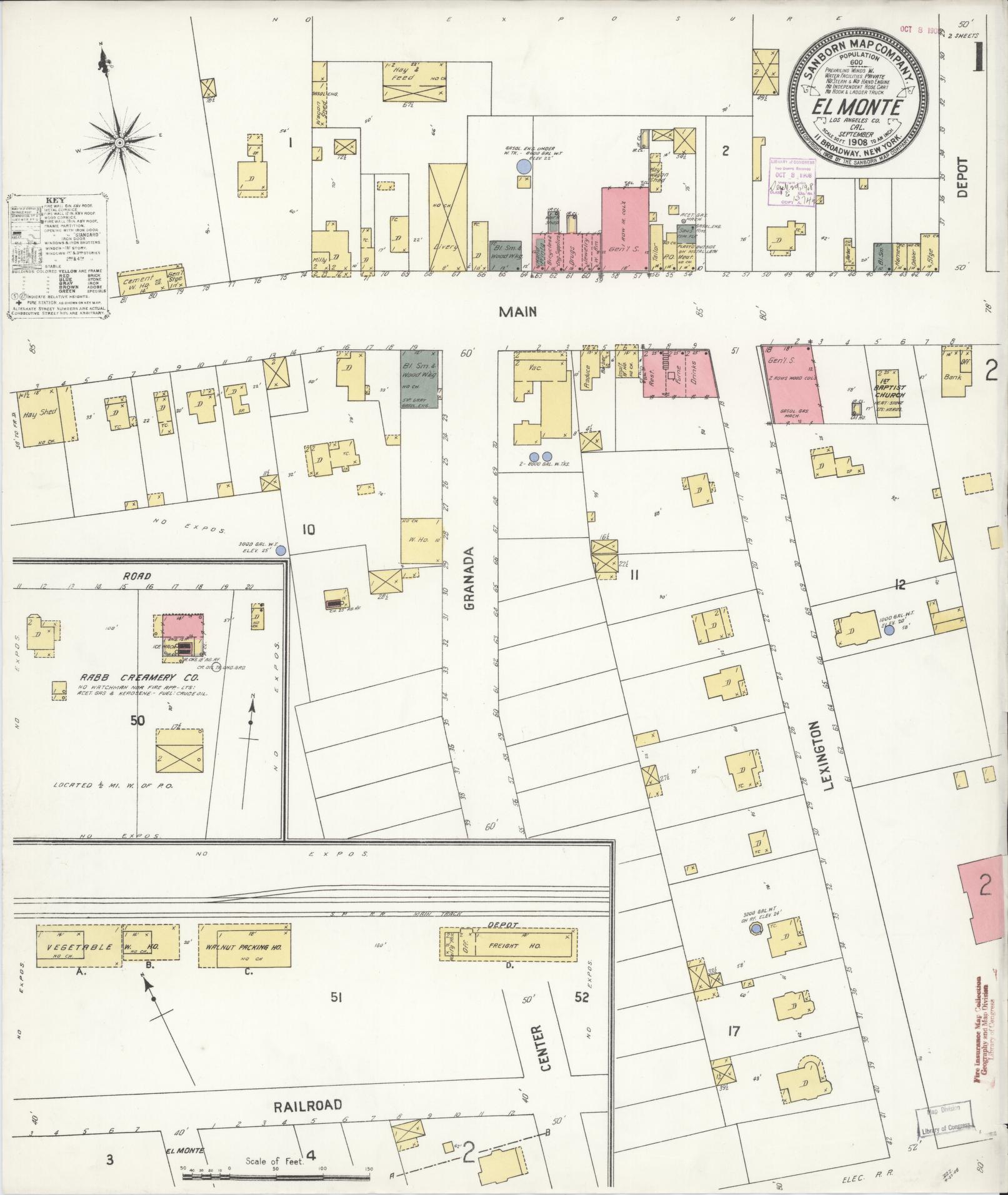 Sanborn Fire Insurance Map from El Monte, Los Angeles County, California (1908), Sheet #0001 - Historic Sanborn Fire Insurance Map Print, vintage old map wall art, antique decor, genealogy gift, California California map