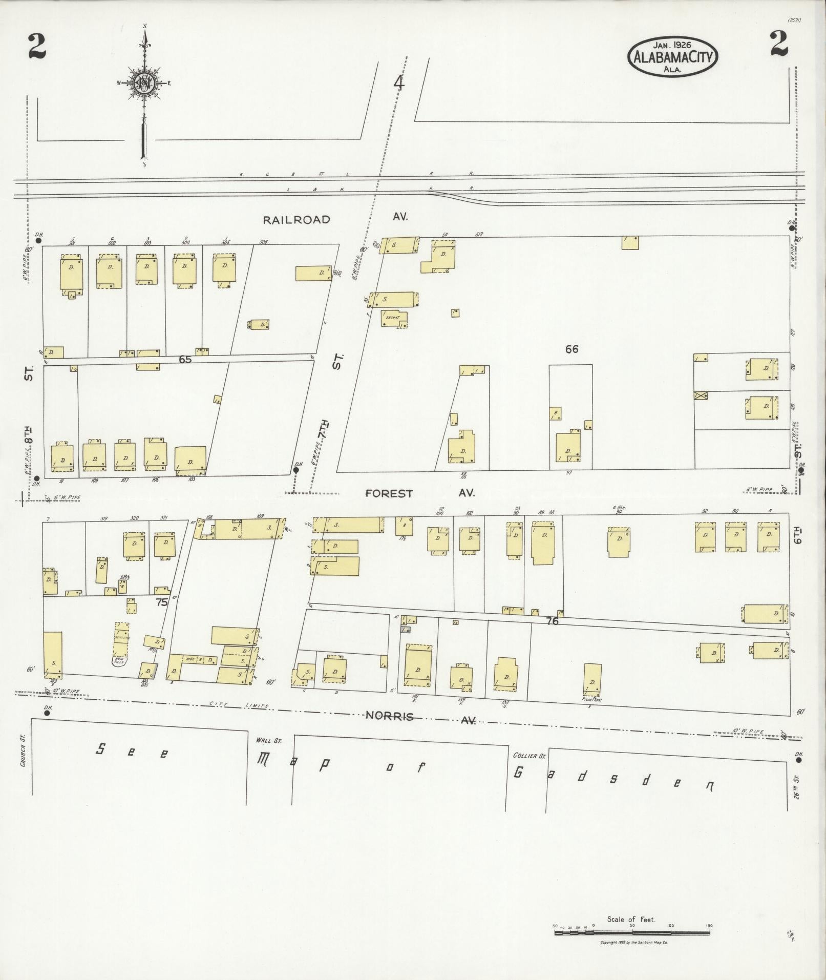 Sanborn Fire Insurance Map from Alabama City, Etowah County, Alabama (1926), Sheet #0002 - Historic Sanborn Fire Insurance Map Print, vintage old map wall art, antique decor, genealogy gift, Alabama Alabama map