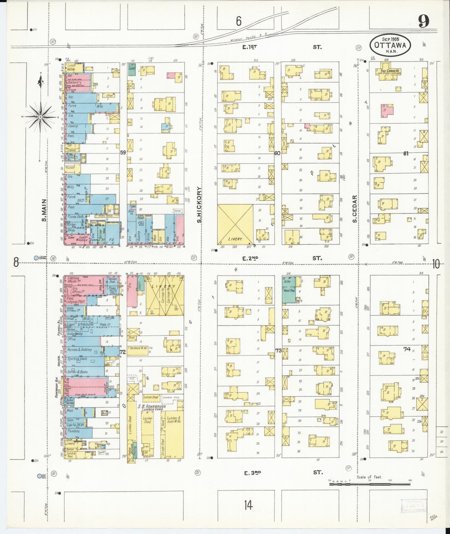 Sanborn Fire Insurance Map from Ottawa, Franklin County, Kansas (1905), Sheet #0009 - Complete Map Set gallery image, historic Sanborn map, vintage wall art, Kansas Kansas