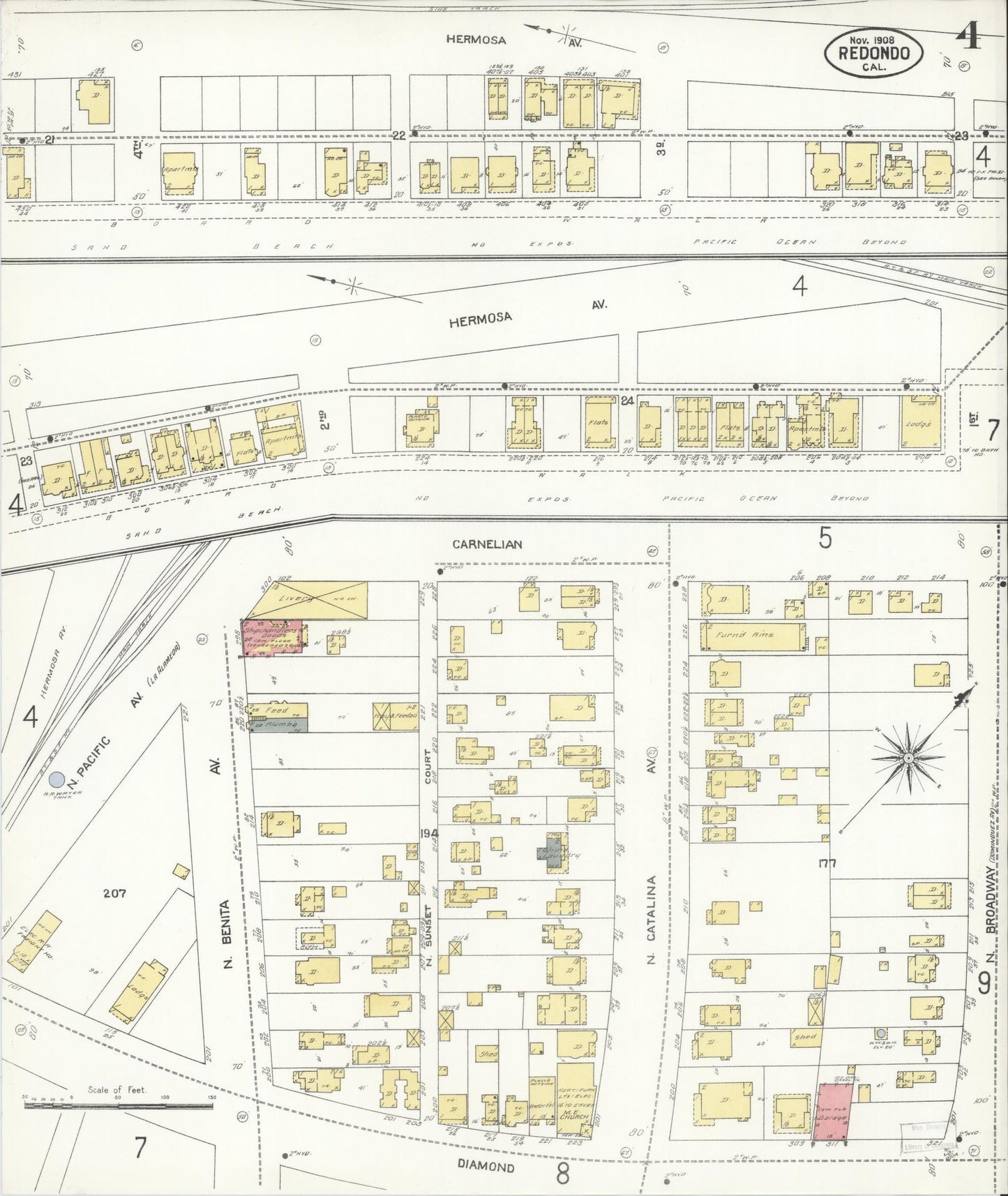 Sanborn Fire Insurance Map from Redondo Beach, Los Angeles County, California (1908), Sheet #0004 - Complete Map Set gallery image, historic Sanborn map, vintage wall art, California California