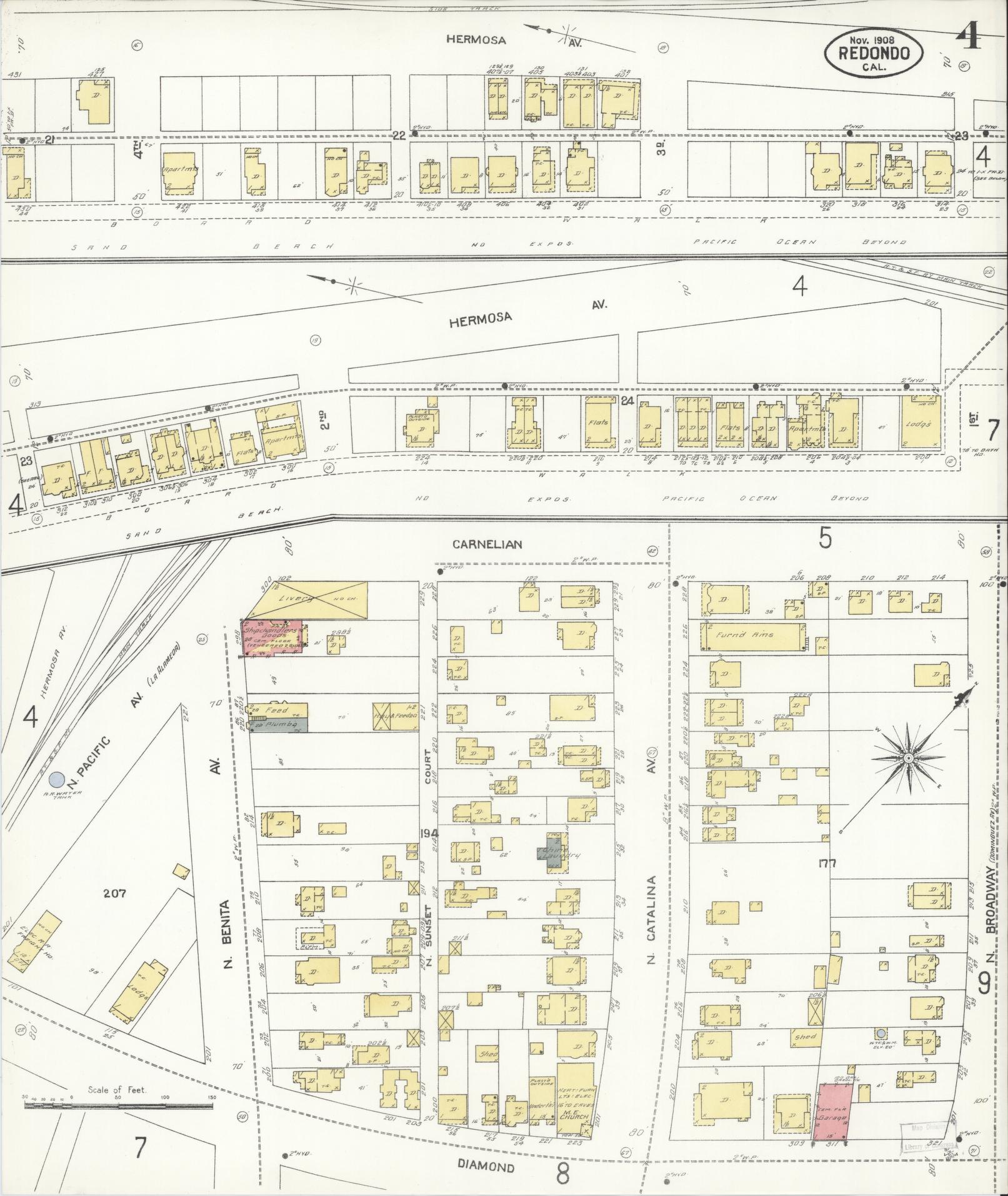 Sanborn Fire Insurance Map from Redondo Beach, Los Angeles County, California (1908), Sheet #0004 - Complete Map Set gallery image, historic Sanborn map, vintage wall art, California California