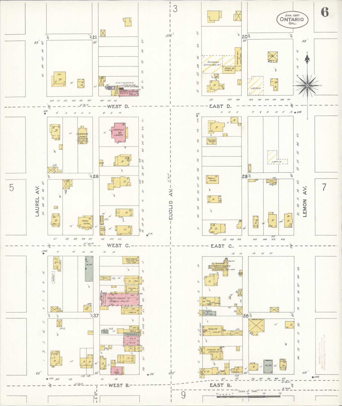Sanborn Fire Insurance Map from Ontario, San Bernardino County, California (1907), Sheet #0006 - Complete Map Set gallery image, historic Sanborn map, vintage wall art, California California