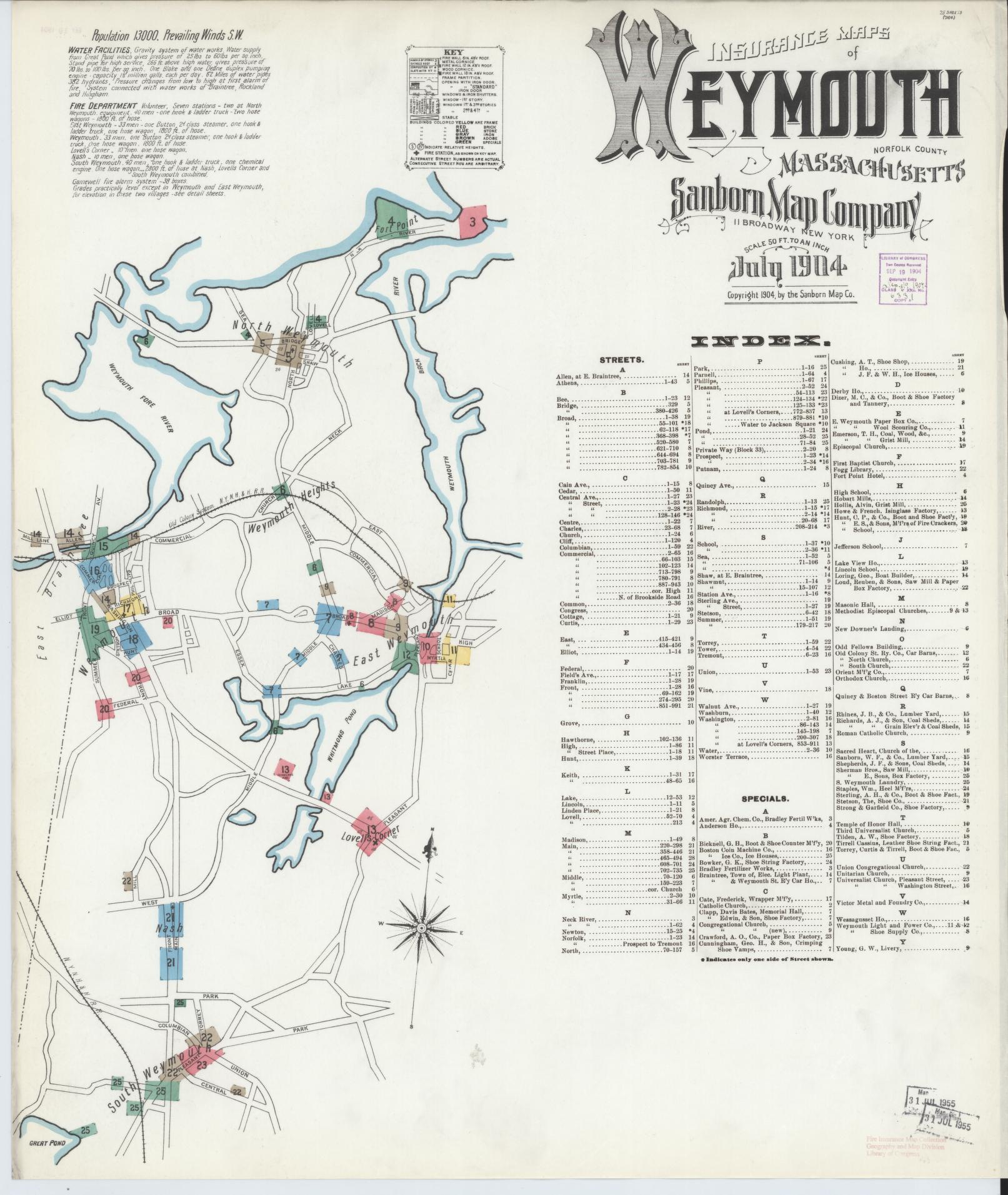 Sanborn Fire Insurance Map from Weymouth, Norfolk County, Massachusetts (1904), Sheet #0001 - Complete Map Set gallery image, historic Sanborn map, vintage wall art, Massachusetts Massachusetts