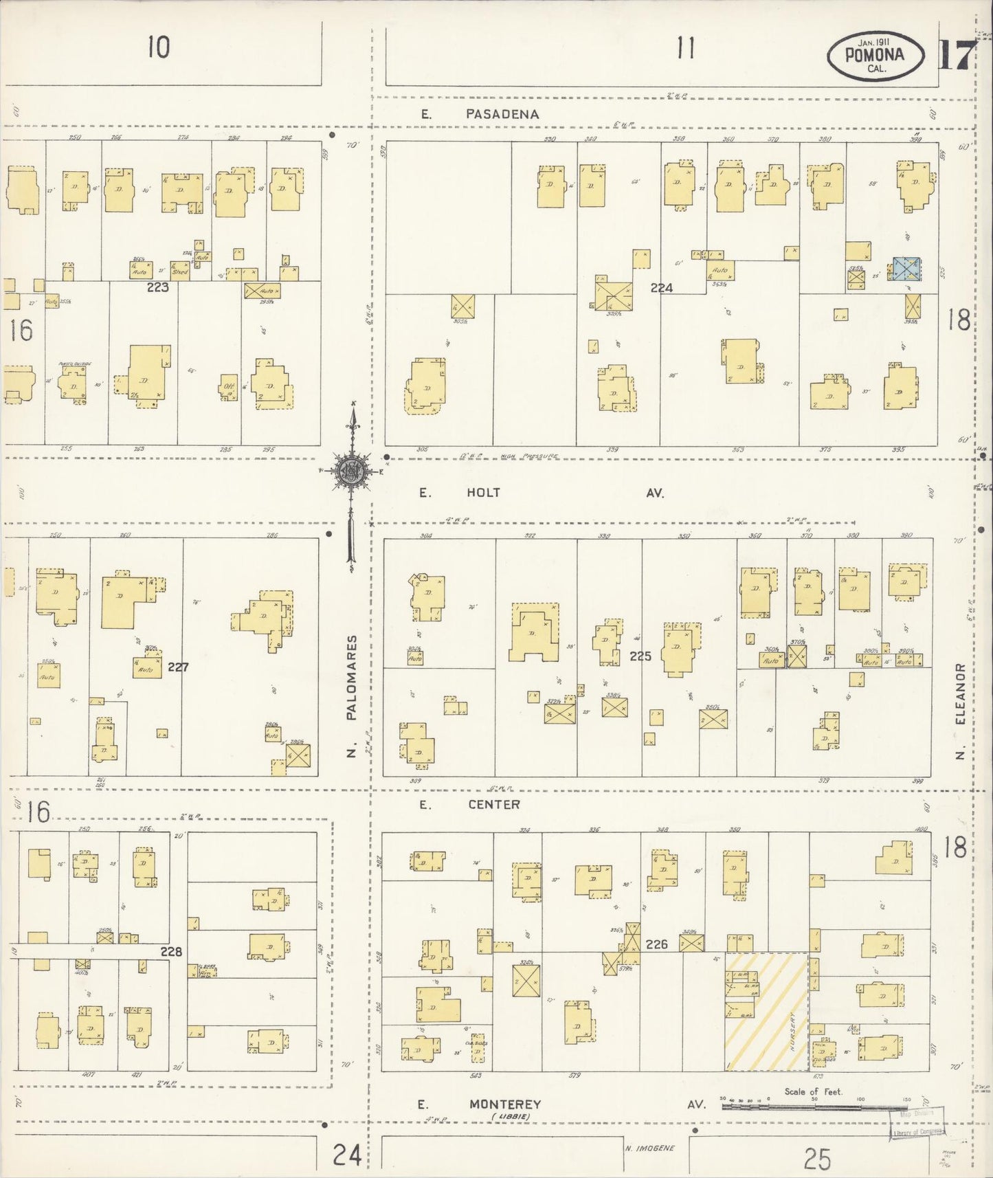 Sanborn Fire Insurance Map from Pomona, Los Angeles County, California (1911), Sheet #0017 - Complete Map Set gallery image, historic Sanborn map, vintage wall art, California California