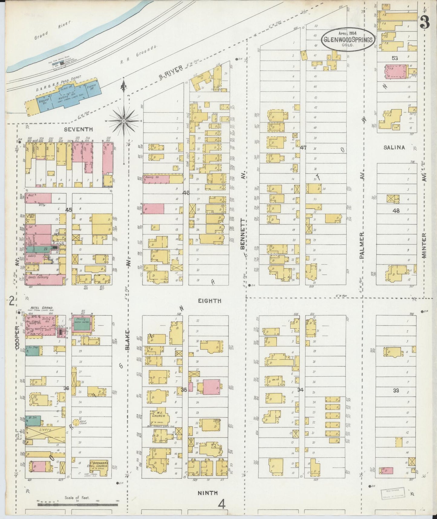 Sanborn Fire Insurance Map from Glenwood Springs, Garfield County, Colorado (1904), Sheet #0003 - Complete Map Set gallery image, historic Sanborn map, vintage wall art, Colorado Colorado