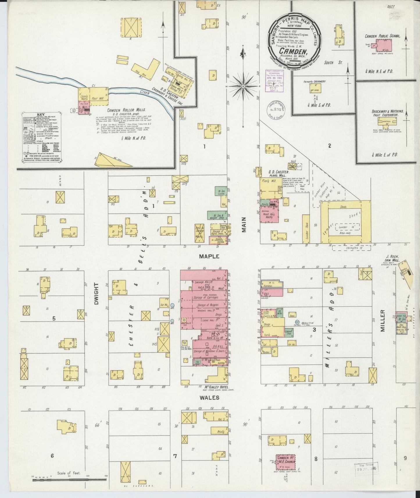 Sanborn Fire Insurance Map from Camden, Hillsdale County, Michigan (1901), Sheet #0001 - Historic Sanborn Fire Insurance Map Print, vintage old map wall art, antique decor, genealogy gift, Michigan Michigan map