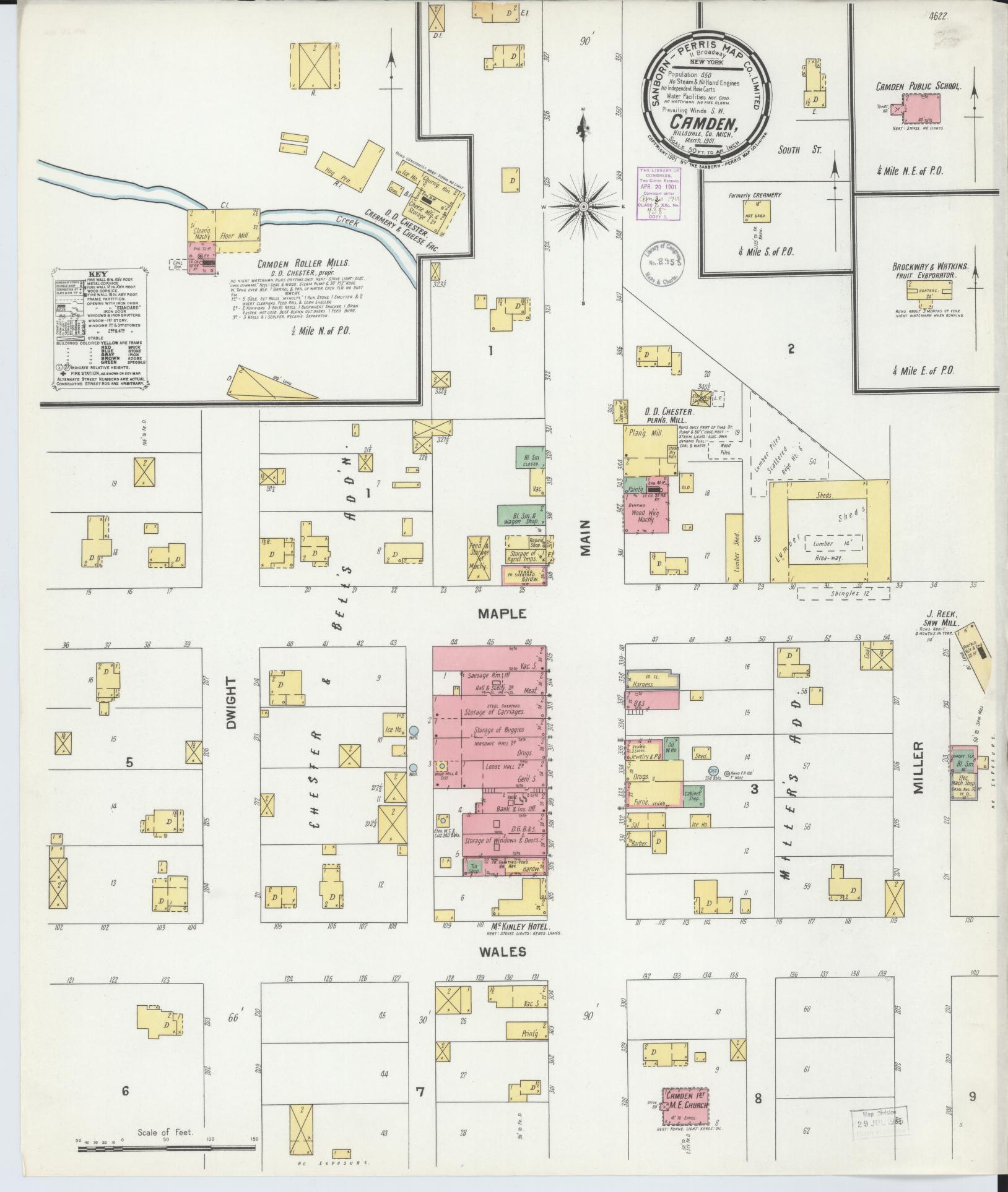 Sanborn Fire Insurance Map from Camden, Hillsdale County, Michigan (1901), Sheet #0001 - Historic Sanborn Fire Insurance Map Print, vintage old map wall art, antique decor, genealogy gift, Michigan Michigan map