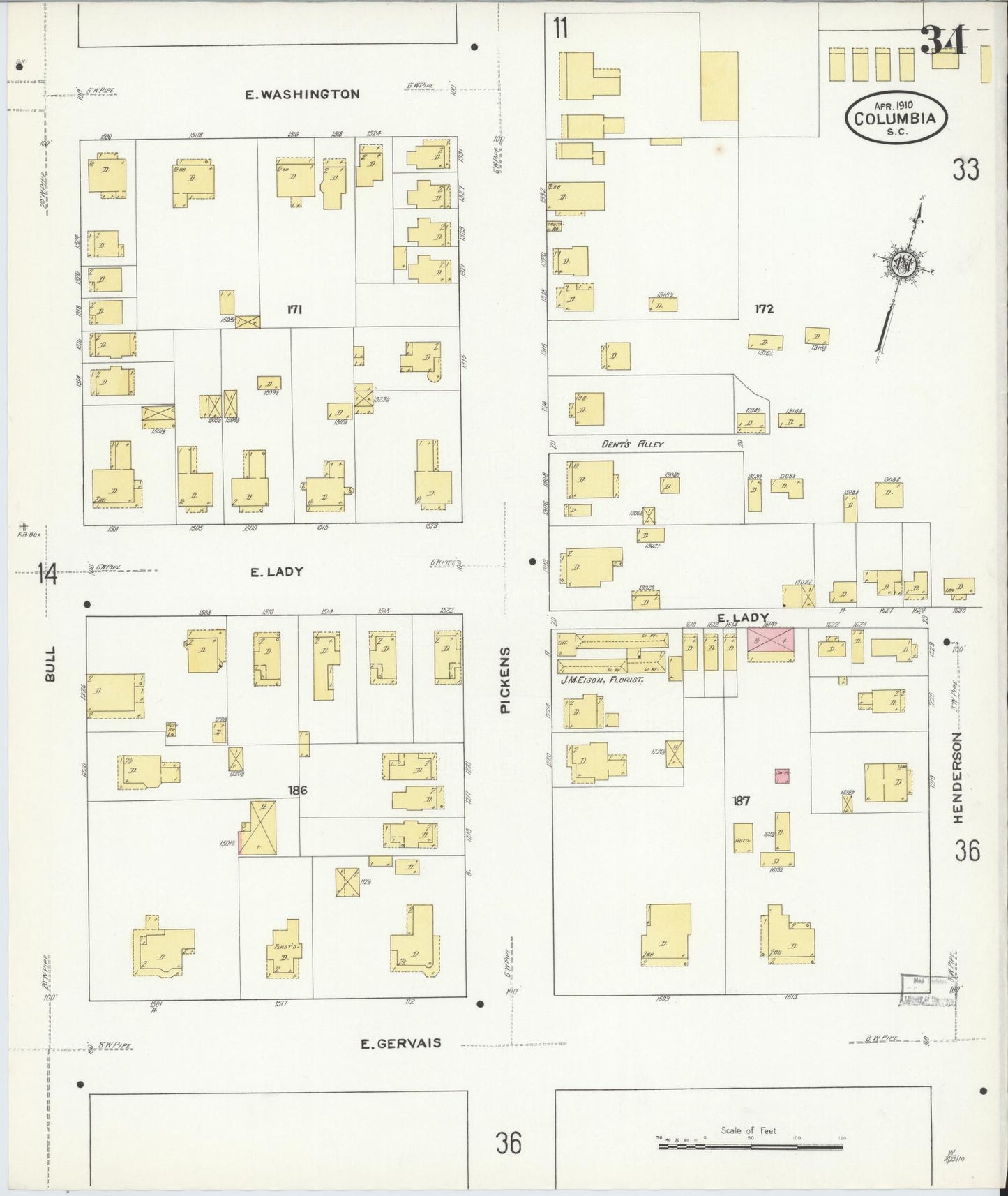 Sanborn Fire Insurance Map from Columbia, Richland County, South Carolina (1910), Sheet #0034 - Historic Sanborn Fire Insurance Map Print, vintage old map wall art, antique decor, genealogy gift, South Carolina South Carolina map