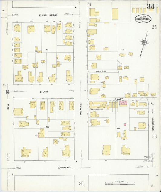 Sanborn Fire Insurance Map from Columbia, Richland County, South Carolina (1910), Sheet #0034 - Historic Sanborn Fire Insurance Map Print, vintage old map wall art, antique decor, genealogy gift, South Carolina South Carolina map