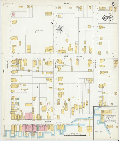Sanborn Fire Insurance Map from Beaufort, Carteret County, North Carolina (1904), Sheet #0002 - Historic Sanborn Fire Insurance Map Print, vintage old map wall art, antique decor, genealogy gift, North Carolina North Carolina map
