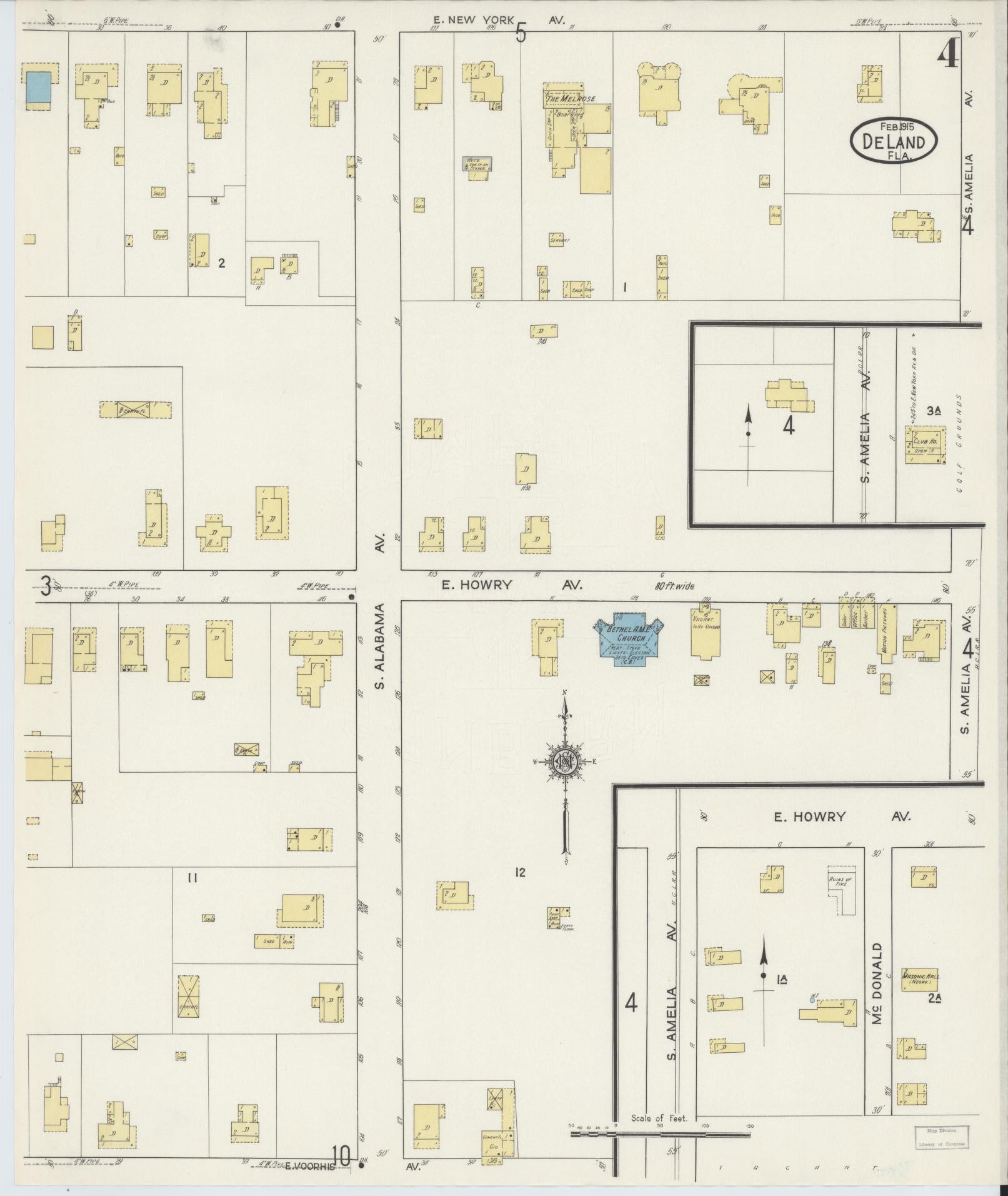 Sanborn Fire Insurance Map from De Land, Volusia County, Florida (1915), Sheet #0004 - Historic Sanborn Fire Insurance Map Print, vintage old map wall art, antique decor, genealogy gift, Florida Florida map
