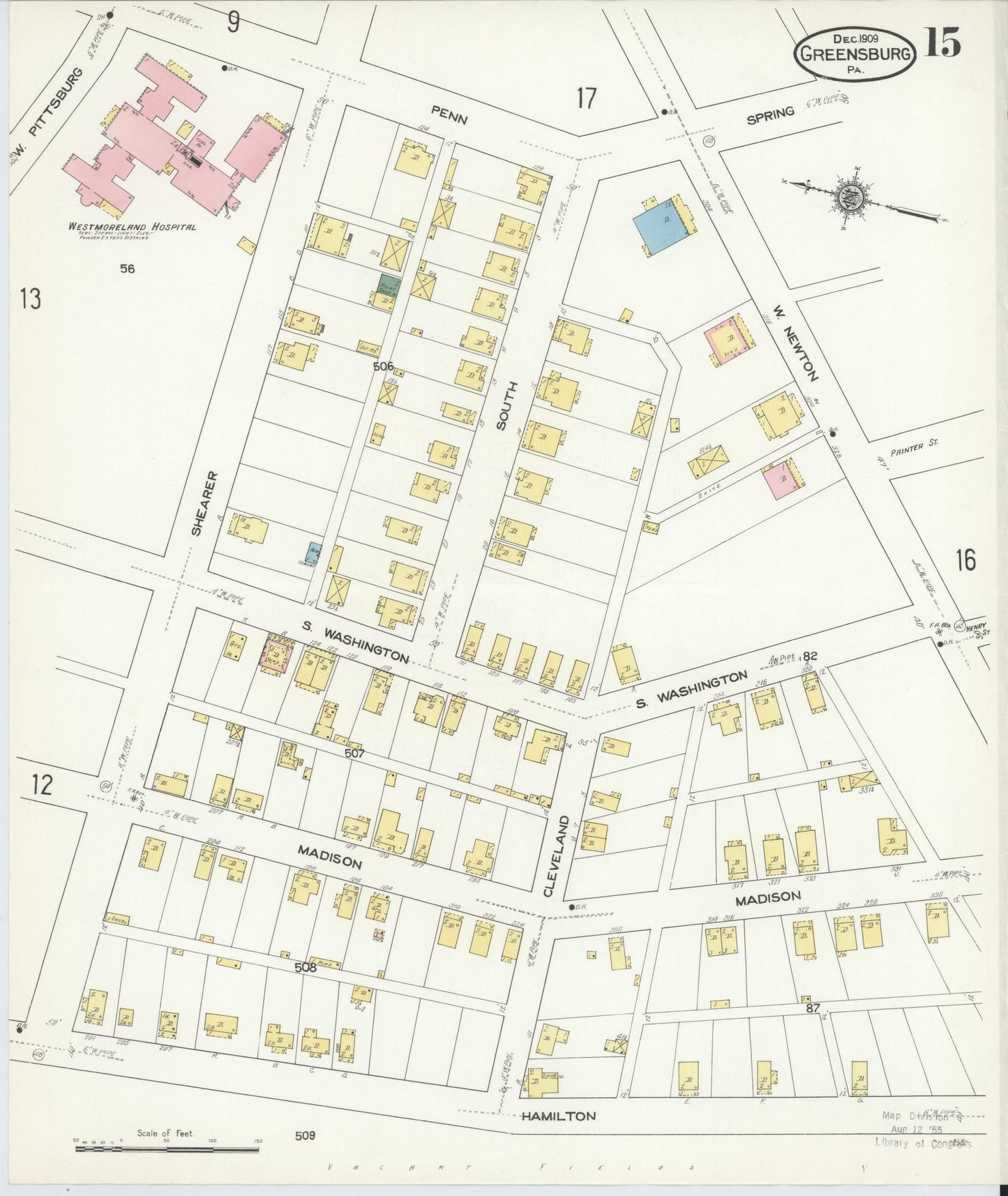 Sanborn Fire Insurance Map from Greensburg, Westmoreland County, Pennsylvania (1909), Sheet #0015 - Historic Sanborn Fire Insurance Map Print, vintage old map wall art, antique decor, genealogy gift, Pennsylvania Pennsylvania map