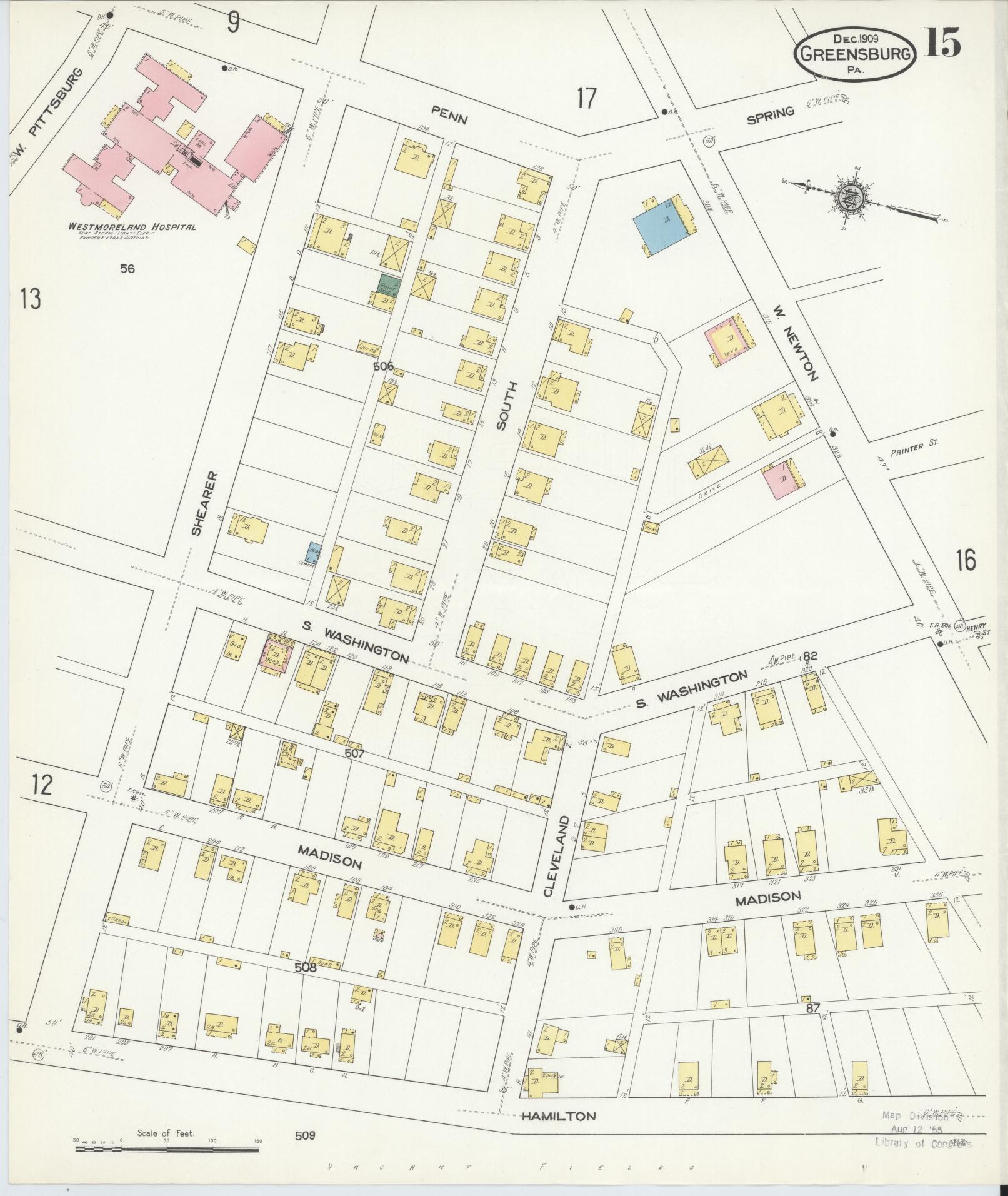 Sanborn Fire Insurance Map from Greensburg, Westmoreland County, Pennsylvania (1909), Sheet #0015 - Historic Sanborn Fire Insurance Map Print, vintage old map wall art, antique decor, genealogy gift, Pennsylvania Pennsylvania map