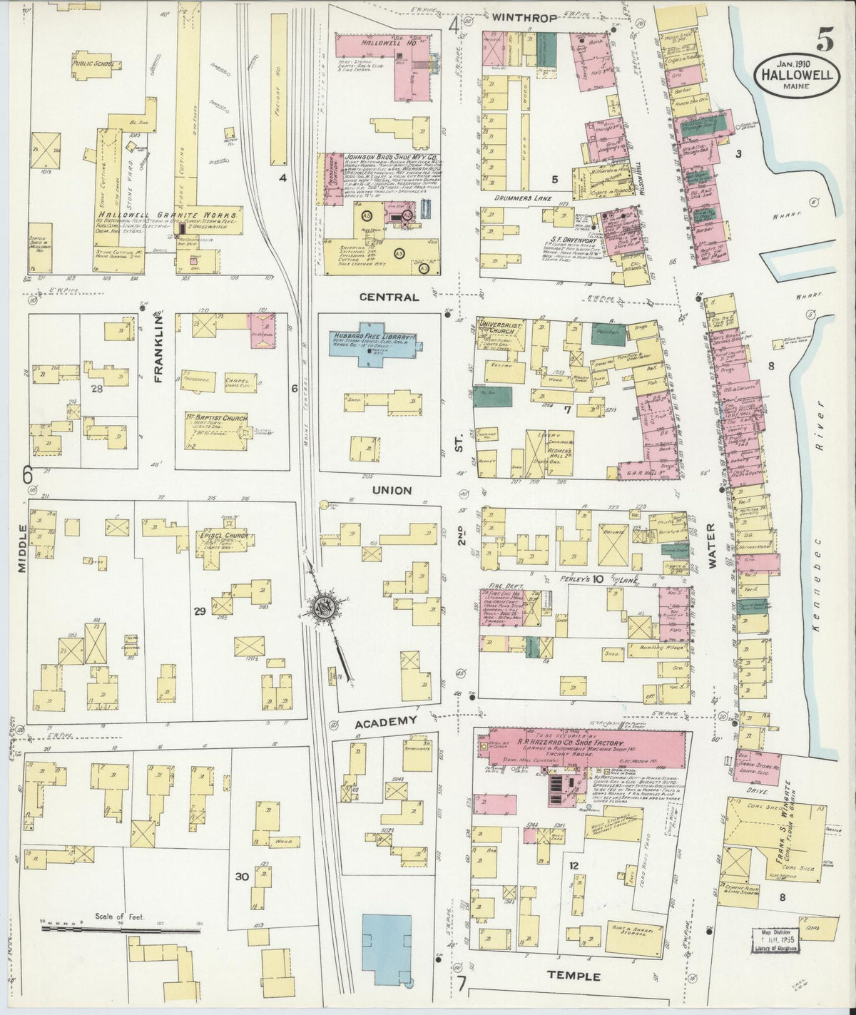 Sanborn Fire Insurance Map from Hallowell, Kennebec County, Maine (1910), Sheet #0005 - Complete Map Set gallery image, historic Sanborn map, vintage wall art, Maine Maine