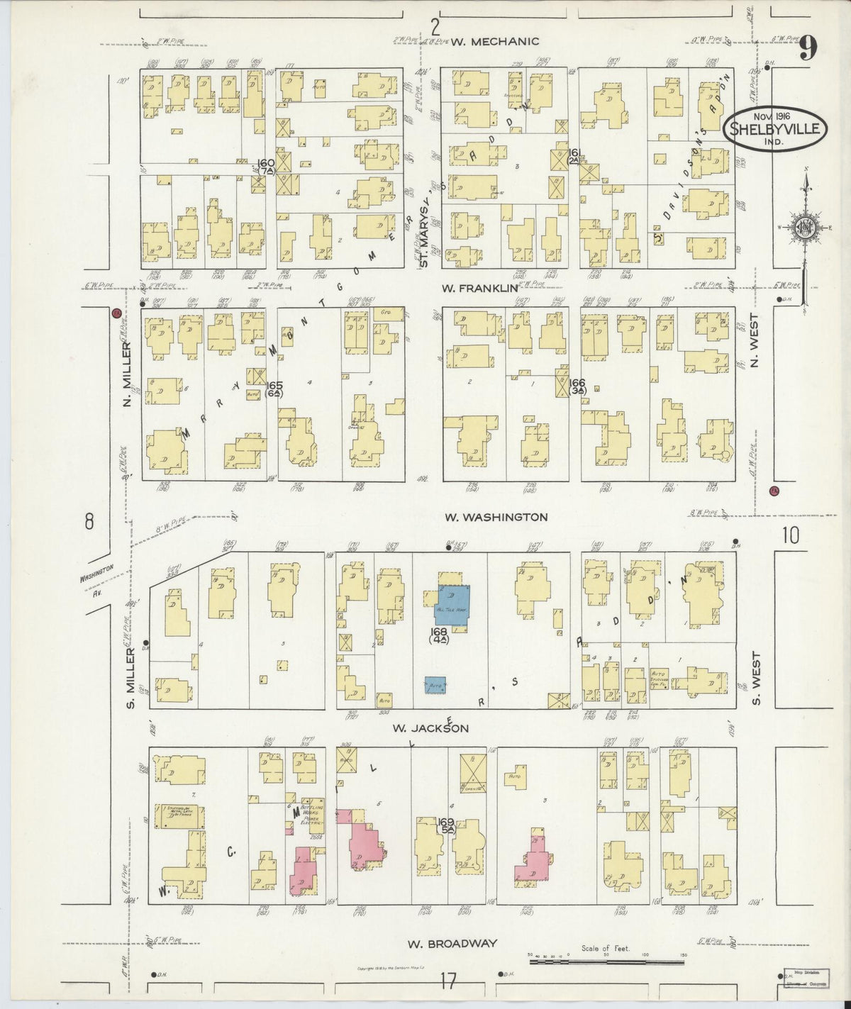 Sanborn Fire Insurance Map from Shelbyville, Shelby County, Indiana (1916), Sheet #0009 - Historic Sanborn Fire Insurance Map Print, vintage old map wall art, antique decor, genealogy gift, Indiana Indiana map