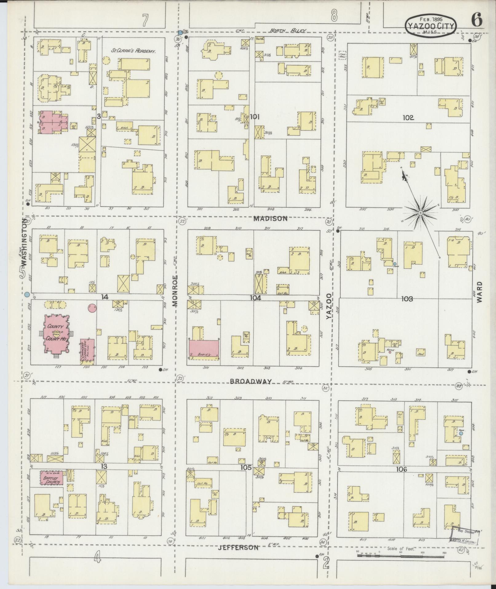 Sanborn Fire Insurance Map from Yazoo City, Yazoo County, Mississippi (1895), Sheet #0006 - Historic Sanborn Fire Insurance Map Print, vintage old map wall art, antique decor, genealogy gift, Mississippi Mississippi map