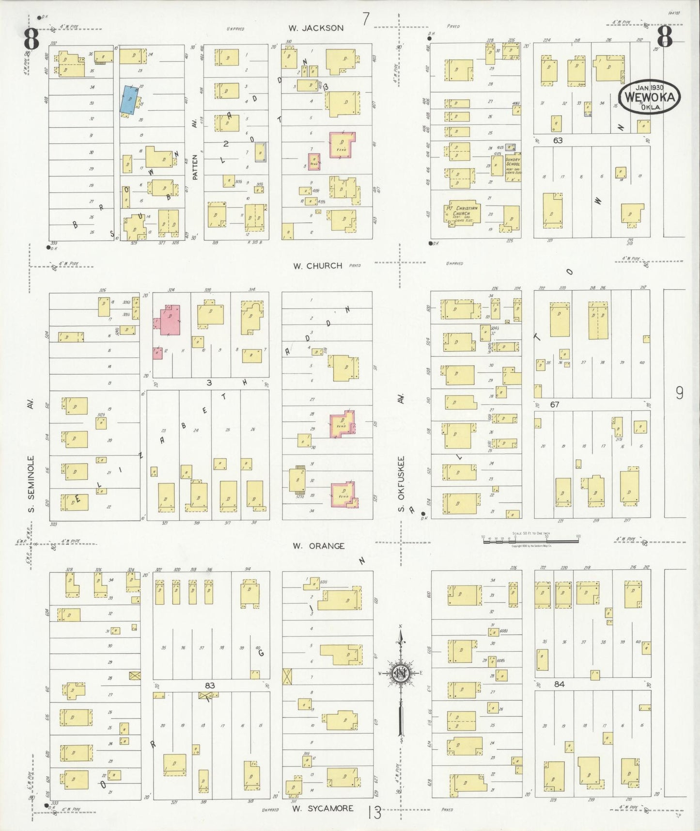 Sanborn Fire Insurance Map from Wewoka, Seminole County, Oklahoma (1930), Sheet #0008 - Complete Map Set gallery image, historic Sanborn map, vintage wall art, Oklahoma Oklahoma