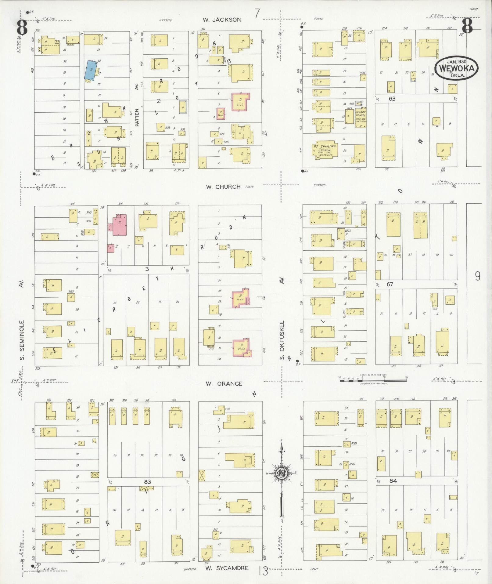 Sanborn Fire Insurance Map from Wewoka, Seminole County, Oklahoma (1930), Sheet #0008 - Complete Map Set gallery image, historic Sanborn map, vintage wall art, Oklahoma Oklahoma