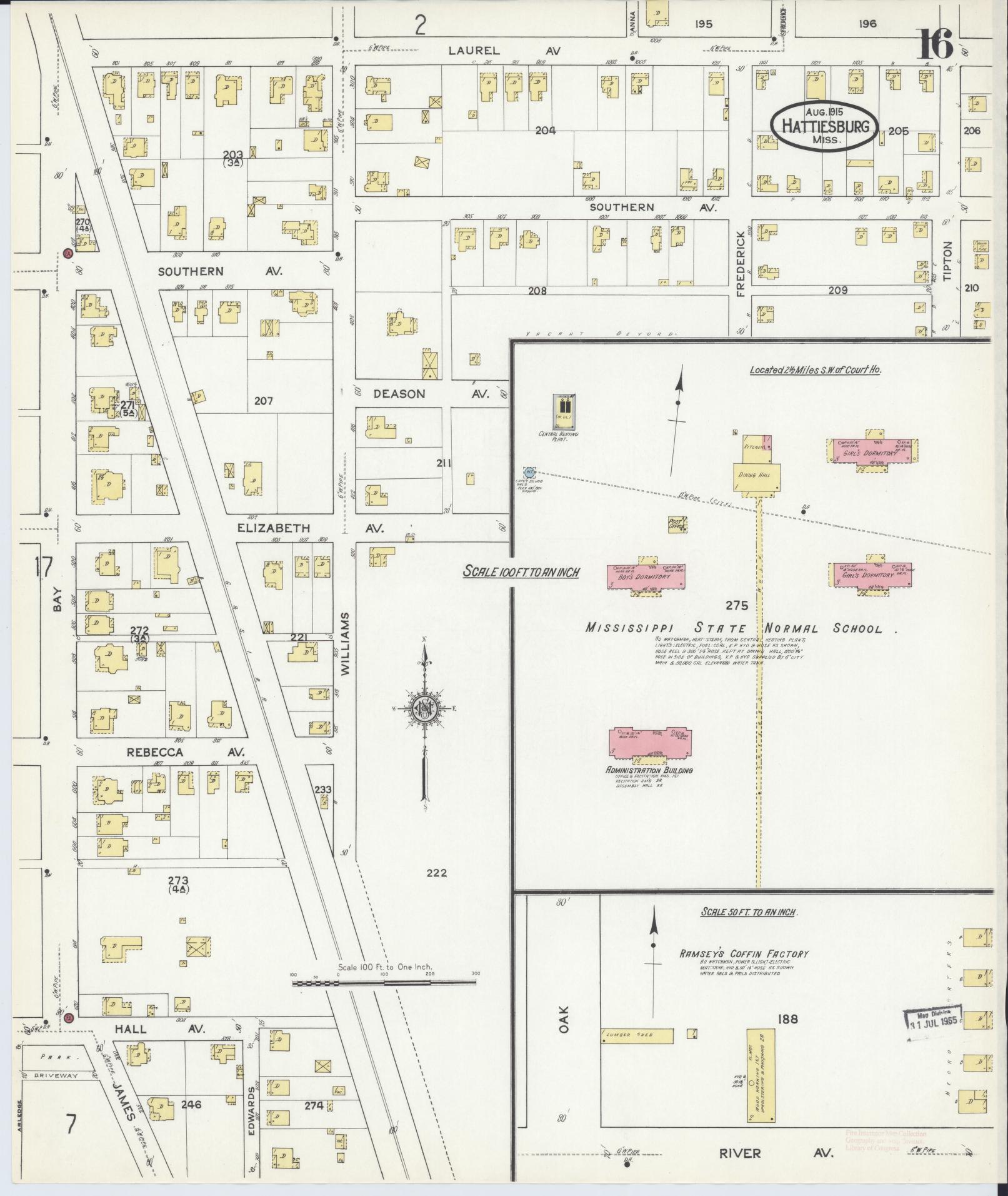 Sanborn Fire Insurance Map from Hattiesburg, Forrest County, Mississippi (1915), Sheet #0016 - Complete Map Set gallery image, historic Sanborn map, vintage wall art, Mississippi Mississippi