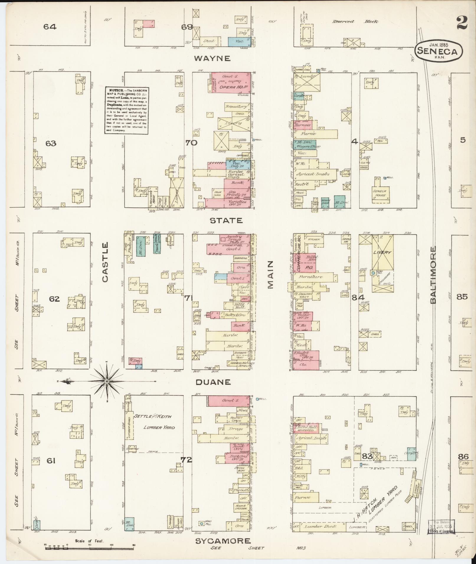 Sanborn Fire Insurance Map from Seneca, Nemaha County, Kansas (1885), Sheet #0002 - Complete Map Set gallery image, historic Sanborn map, vintage wall art, Kansas Kansas