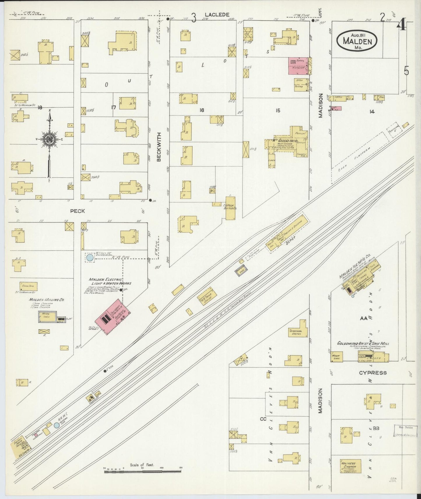 Sanborn Fire Insurance Map from Malden, Dunklin County, Missouri (1911), Sheet #0004 - Complete Map Set gallery image, historic Sanborn map, vintage wall art, Missouri Missouri
