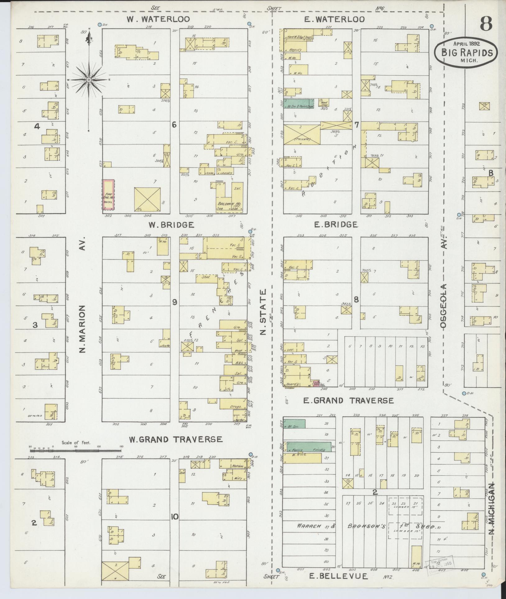 Sanborn Fire Insurance Map from Big Rapids, Mecosta County, Michigan (1892), Sheet #0008 - Complete Map Set gallery image, historic Sanborn map, vintage wall art, Michigan Michigan